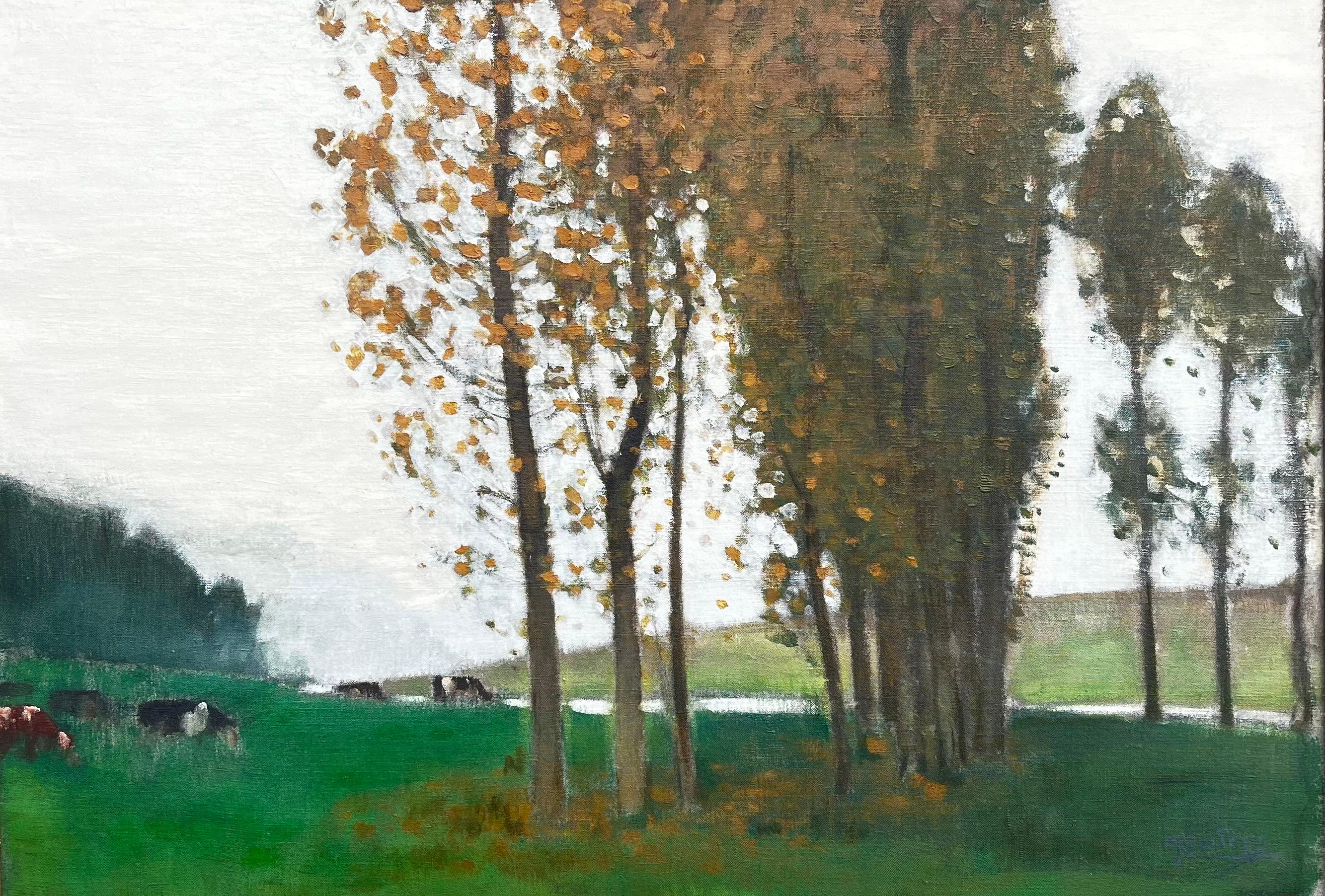 Huge 1920's French Post Impressionist Signed Oil Painting Cattle in Autumn Field - Black Animal Painting by Pierre Eugene Montezin