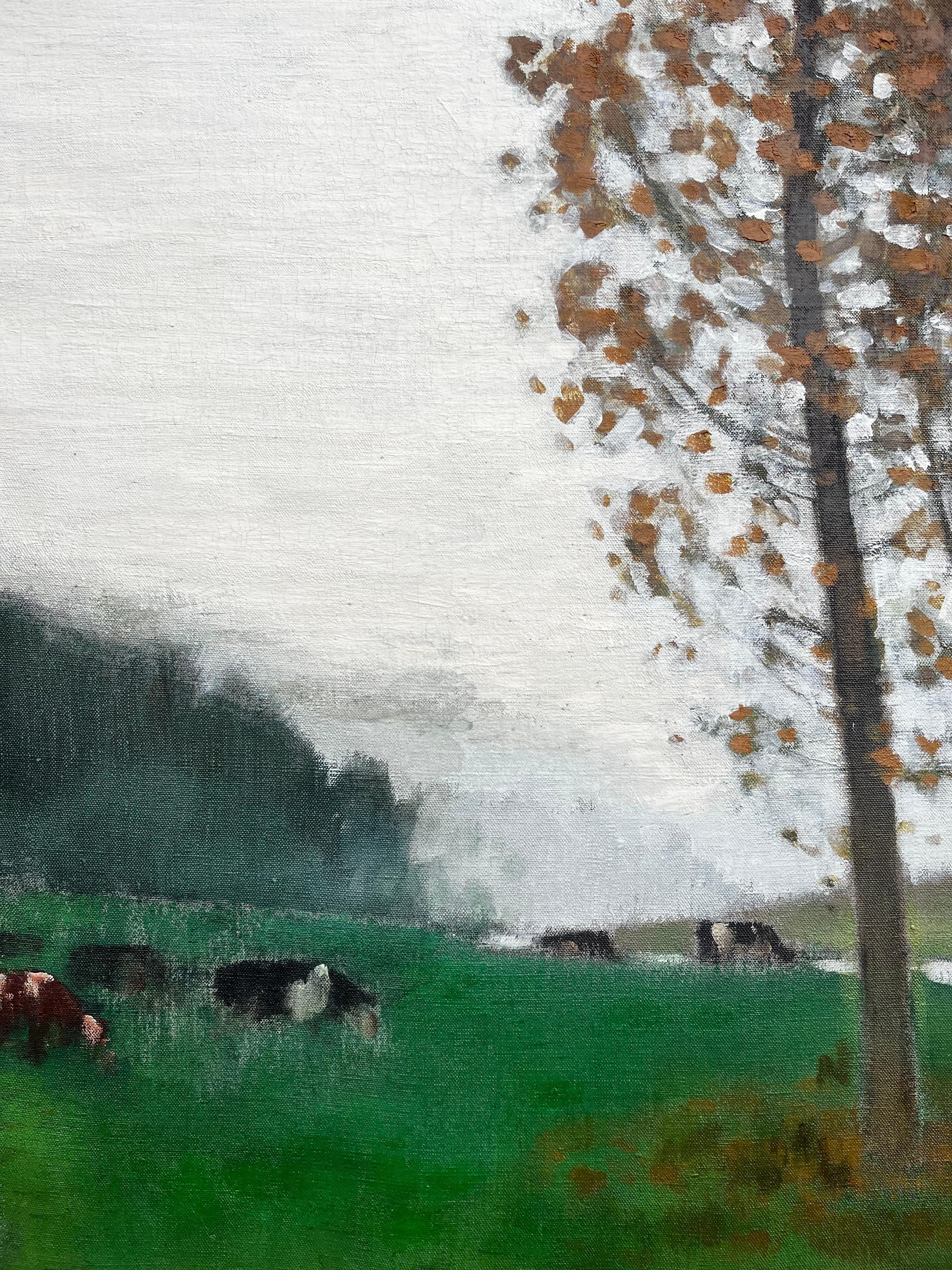 Huge 1920's French Post Impressionist Signed Oil Painting Cattle in Autumn Field For Sale 1