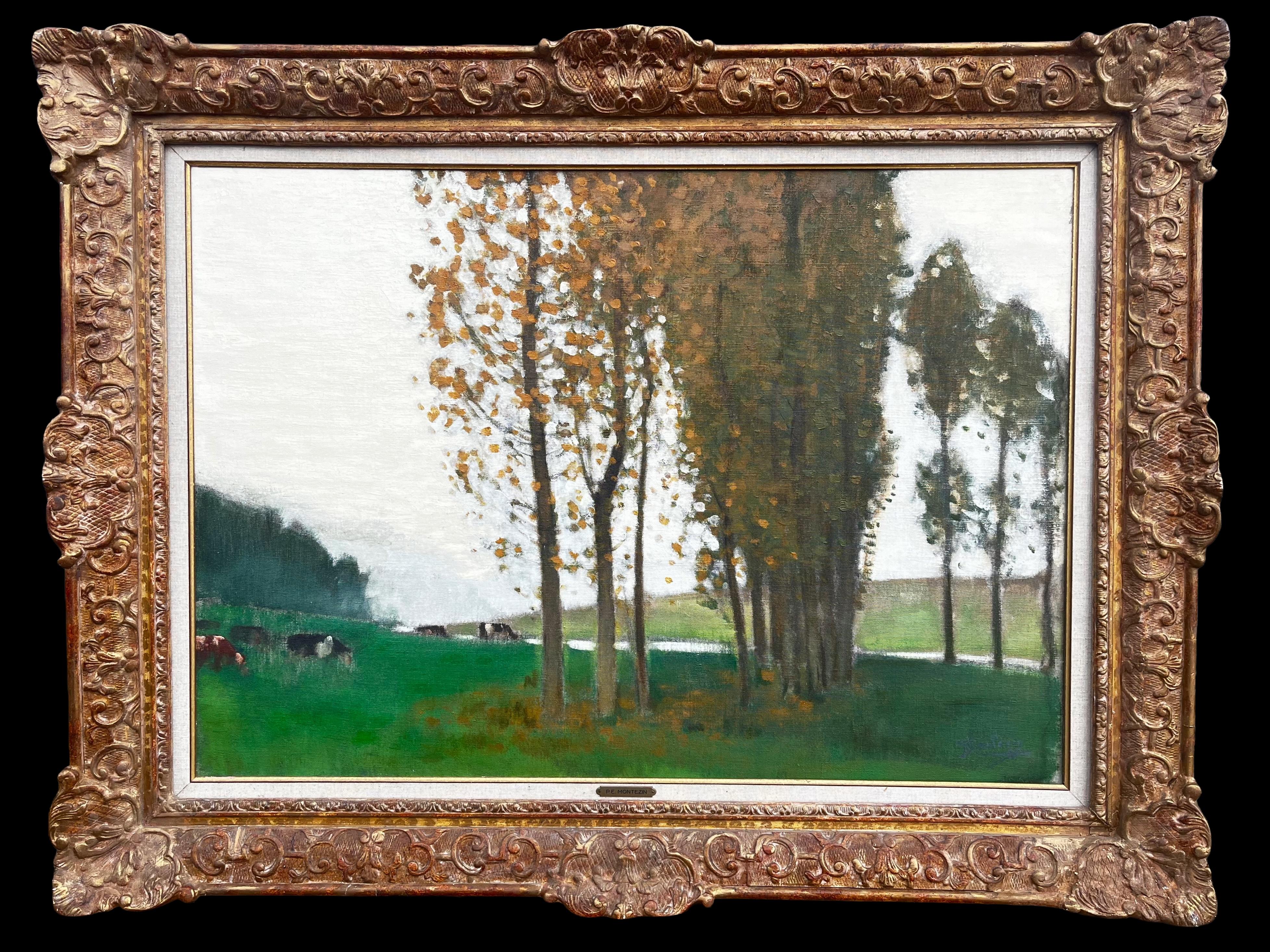 Pierre Eugene Montezin Animal Painting - Huge 1920's French Post Impressionist Signed Oil Painting Cattle in Autumn Field