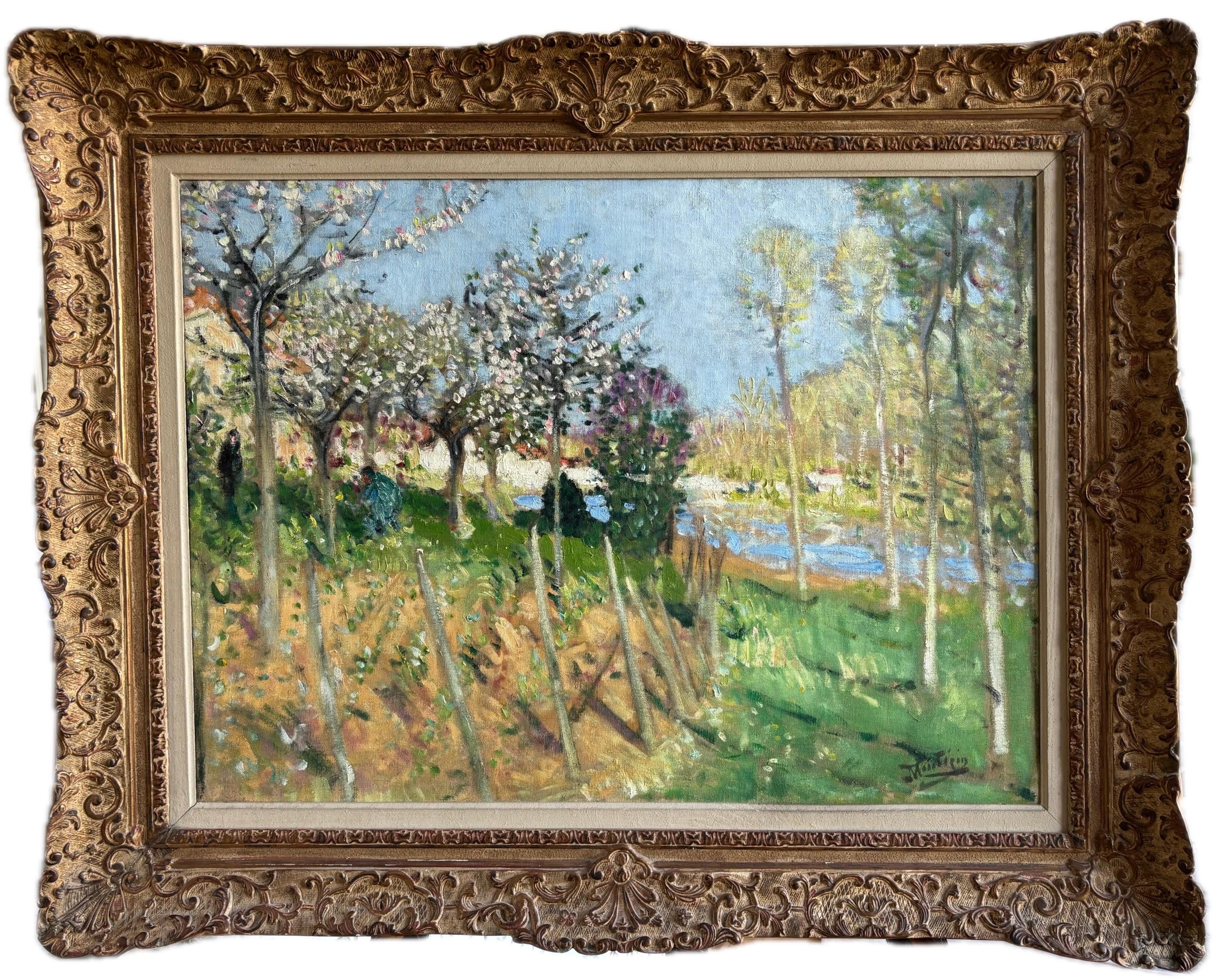 Pierre Montezin large French Impressionist painting, Apple Blossom on the Seine
