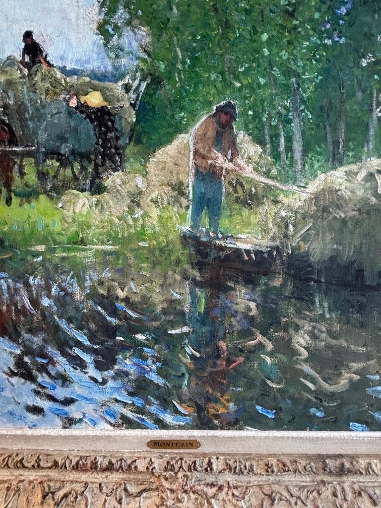 L'éblouissant travail de pinceau de Montezin capture les effets de la lumière du soleil sur l'eau et le scintillement des feuilles des peupliers. Un chef-d'œuvre de l'artiste présenté dans son cadre d'origine. Une pièce fabuleuse en très bon état