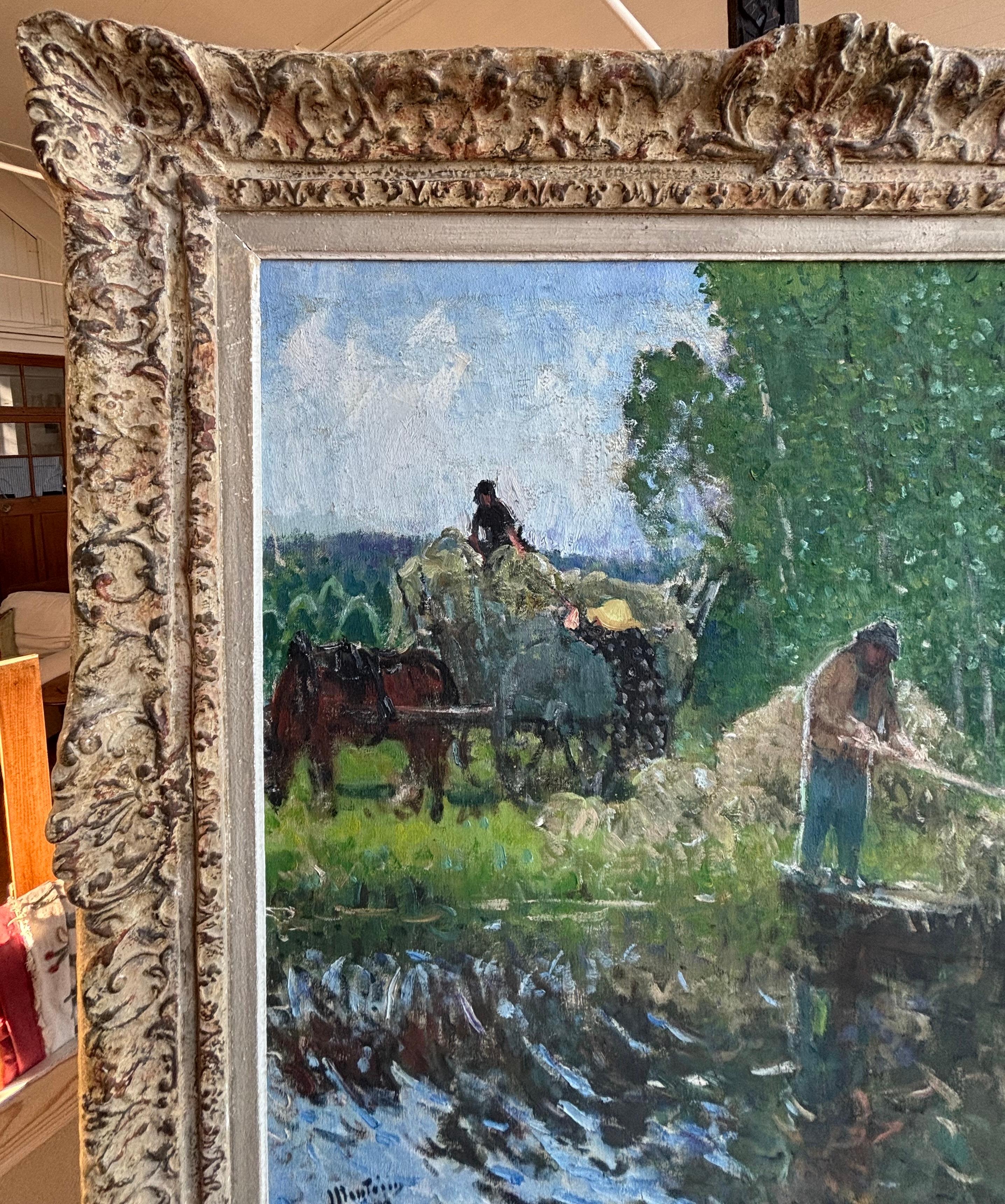 Pierre Montezin grand tableau impressionniste français scène de récolte et peupliers en vente 2