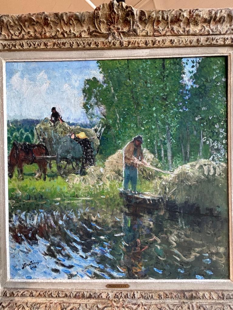 Pierre Montezin grand tableau impressionniste français scène de récolte et peupliers en vente 5