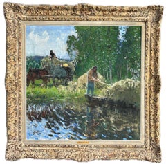 Pierre Montezin, großes französisches impressionistisches Gemälde mit Ernteszene und Pappeln, Pierre Montezin
