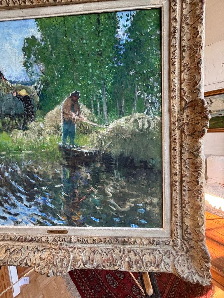 Pierre Montezin grand tableau impressionniste français scène de récolte et peupliers en vente 6