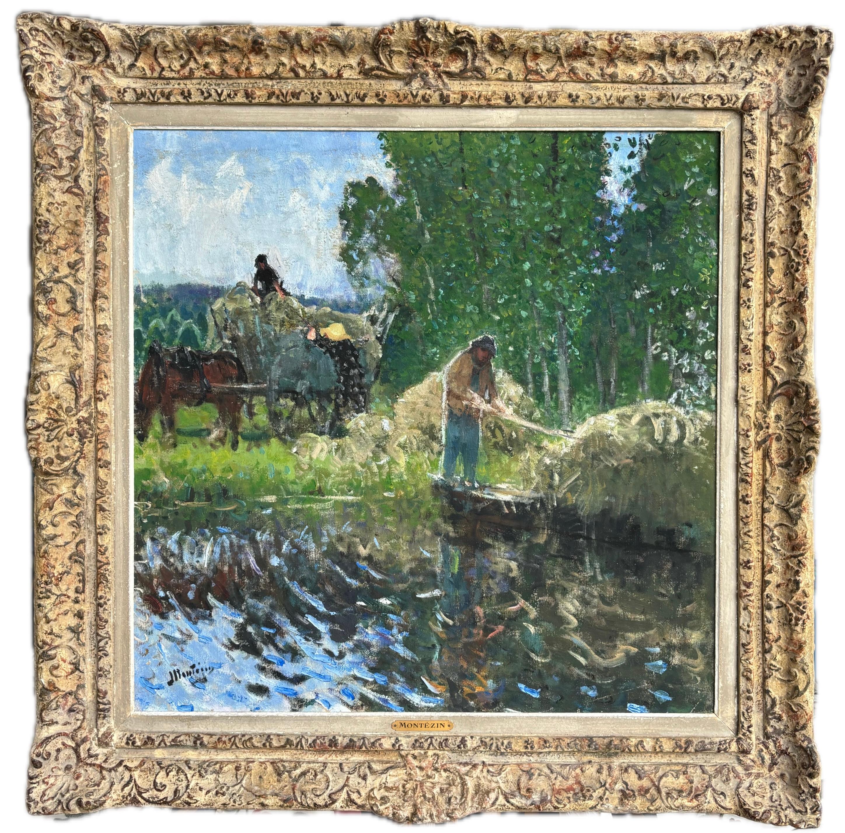 PIERRE EUGÈNE MONTEZIN Landscape Painting - Pierre Montezin large French Impressionist painting harvesting scene and poplars