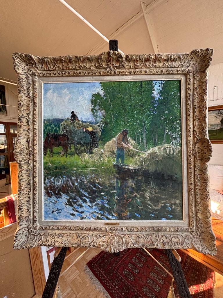 Pierre Montezin grand tableau impressionniste français scène de récolte et peupliers en vente 10