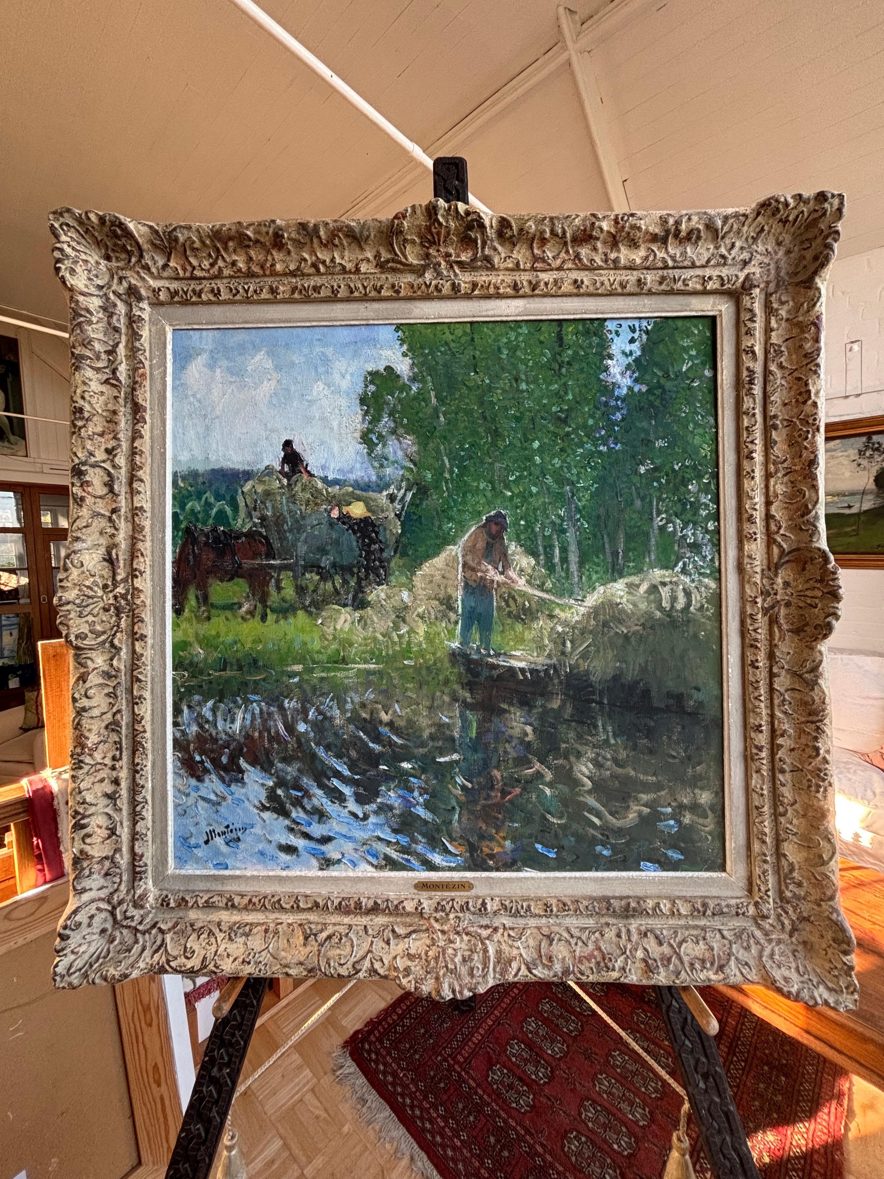 Pierre Montezin grand tableau impressionniste français scène de récolte et peupliers - Painting de PIERRE EUGÈNE MONTEZIN