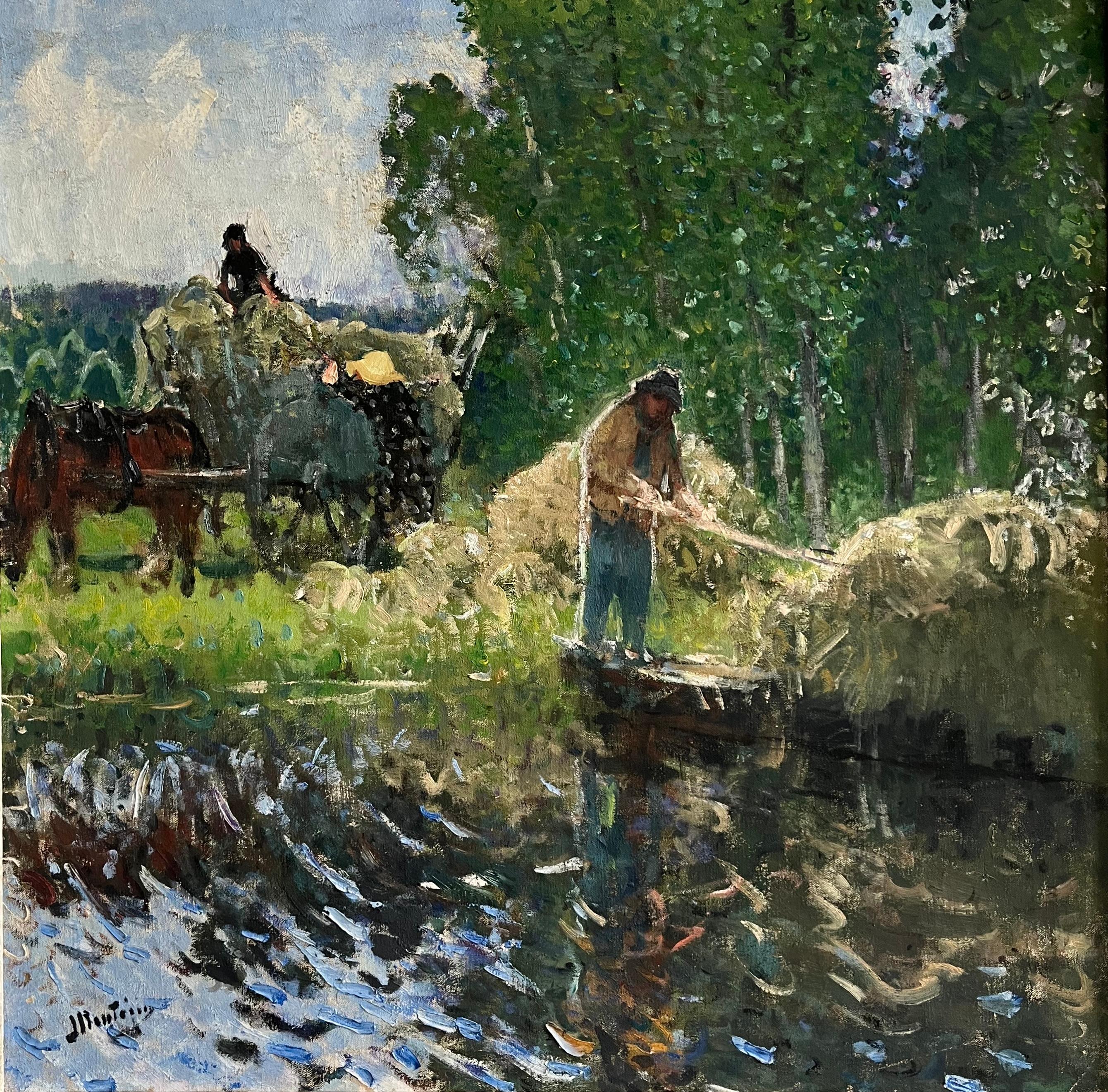 Pierre Montezin grand tableau impressionniste français scène de récolte et peupliers - Impressionnisme Painting par PIERRE EUGÈNE MONTEZIN