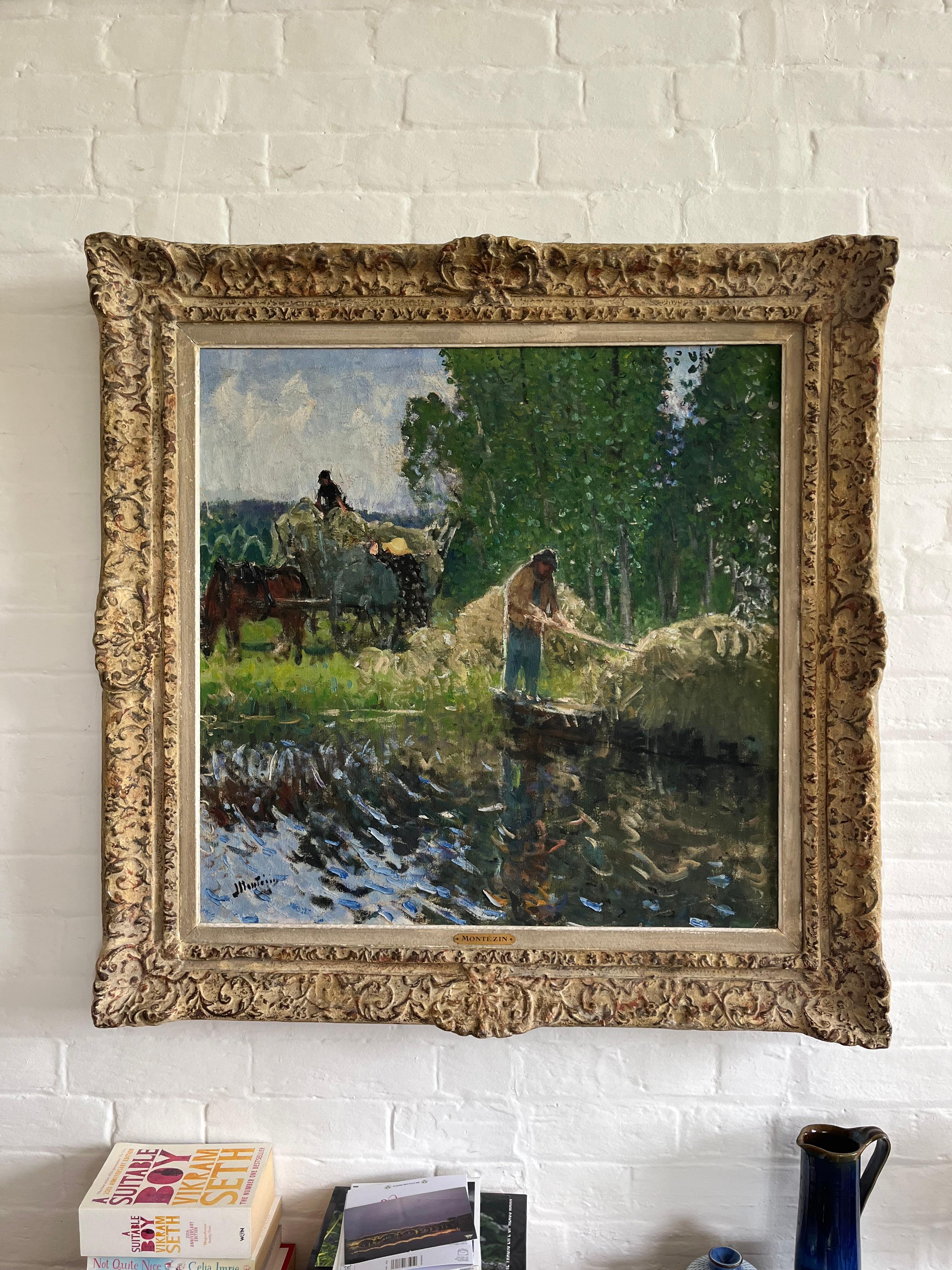 Pierre Montezin large French Impressionist painting harvesting scene and poplars For Sale 1