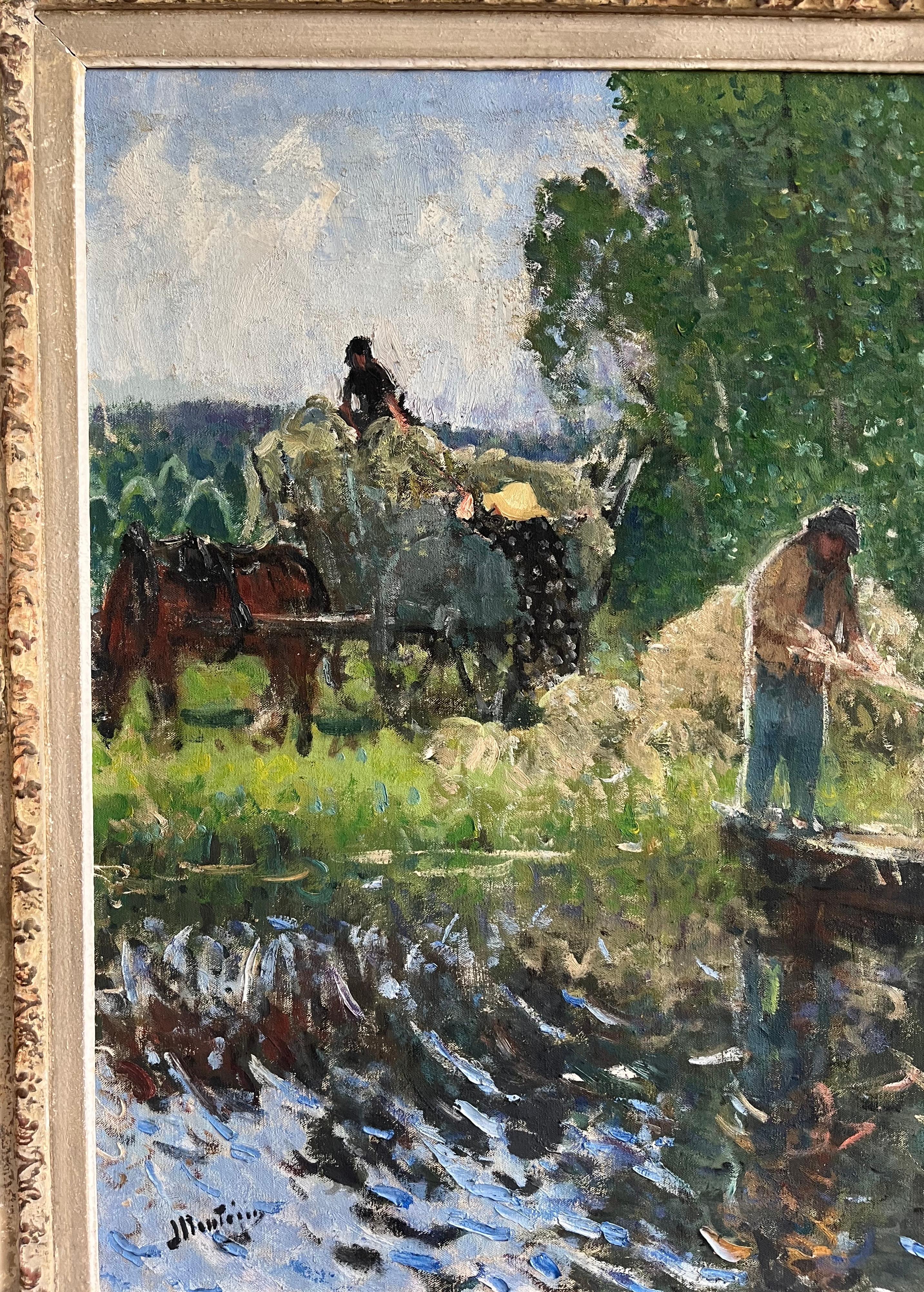 Pierre Montezin large French Impressionist painting harvesting scene and poplars For Sale 3