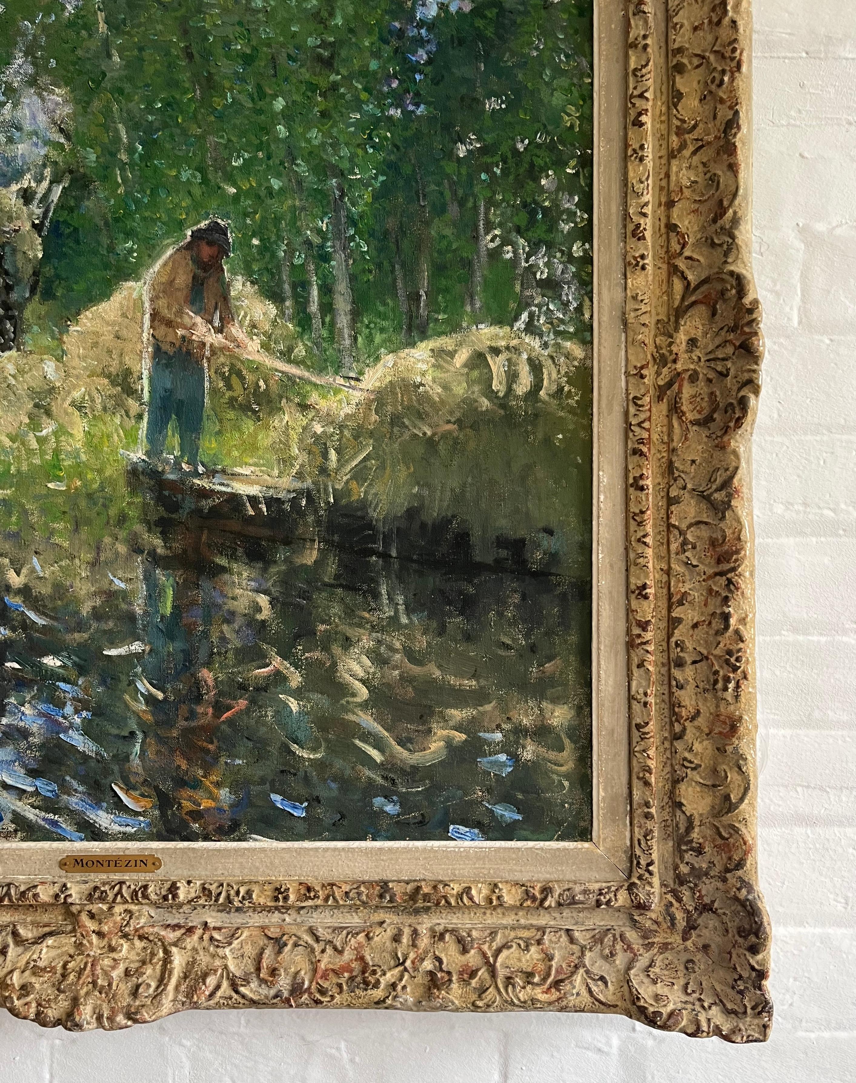 Pierre Montezin grand tableau impressionniste français scène de récolte et peupliers en vente 3
