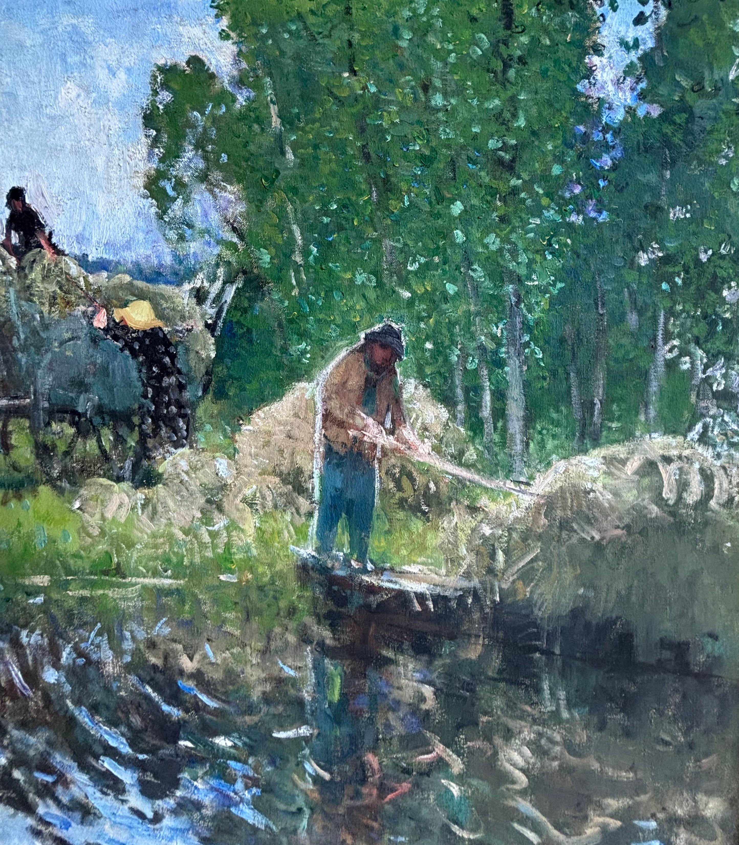 Pierre Montezin grand tableau impressionniste français scène de récolte et peupliers - Impressionnisme Painting par PIERRE EUGÈNE MONTEZIN