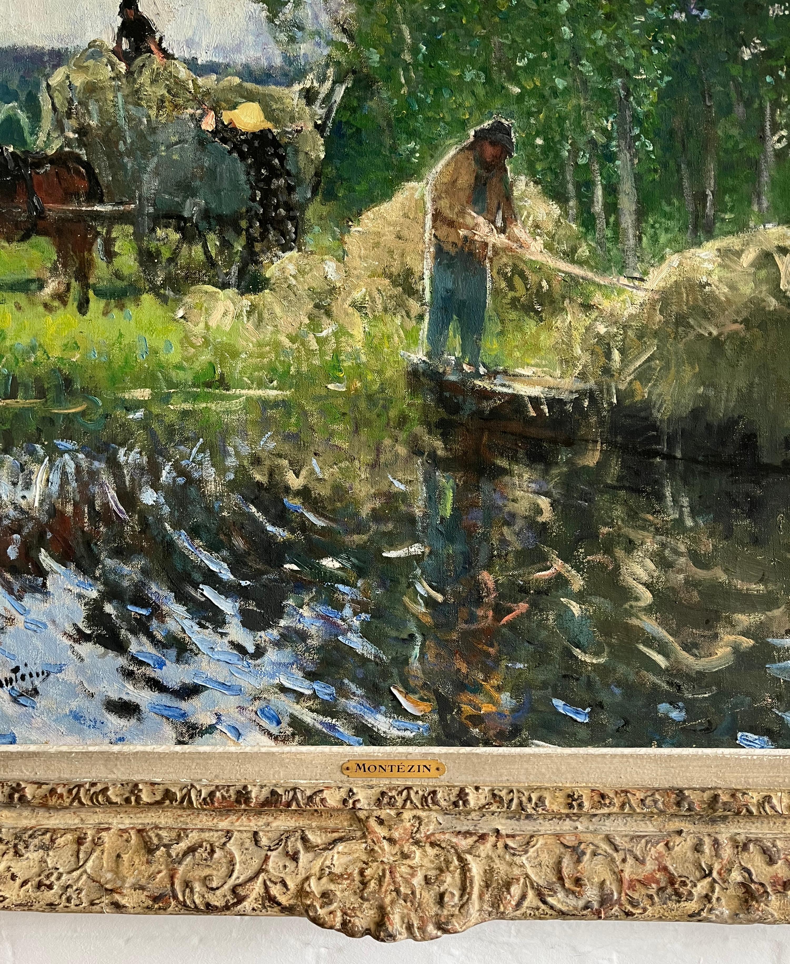 Pierre Montezin grand tableau impressionniste français scène de récolte et peupliers en vente 4