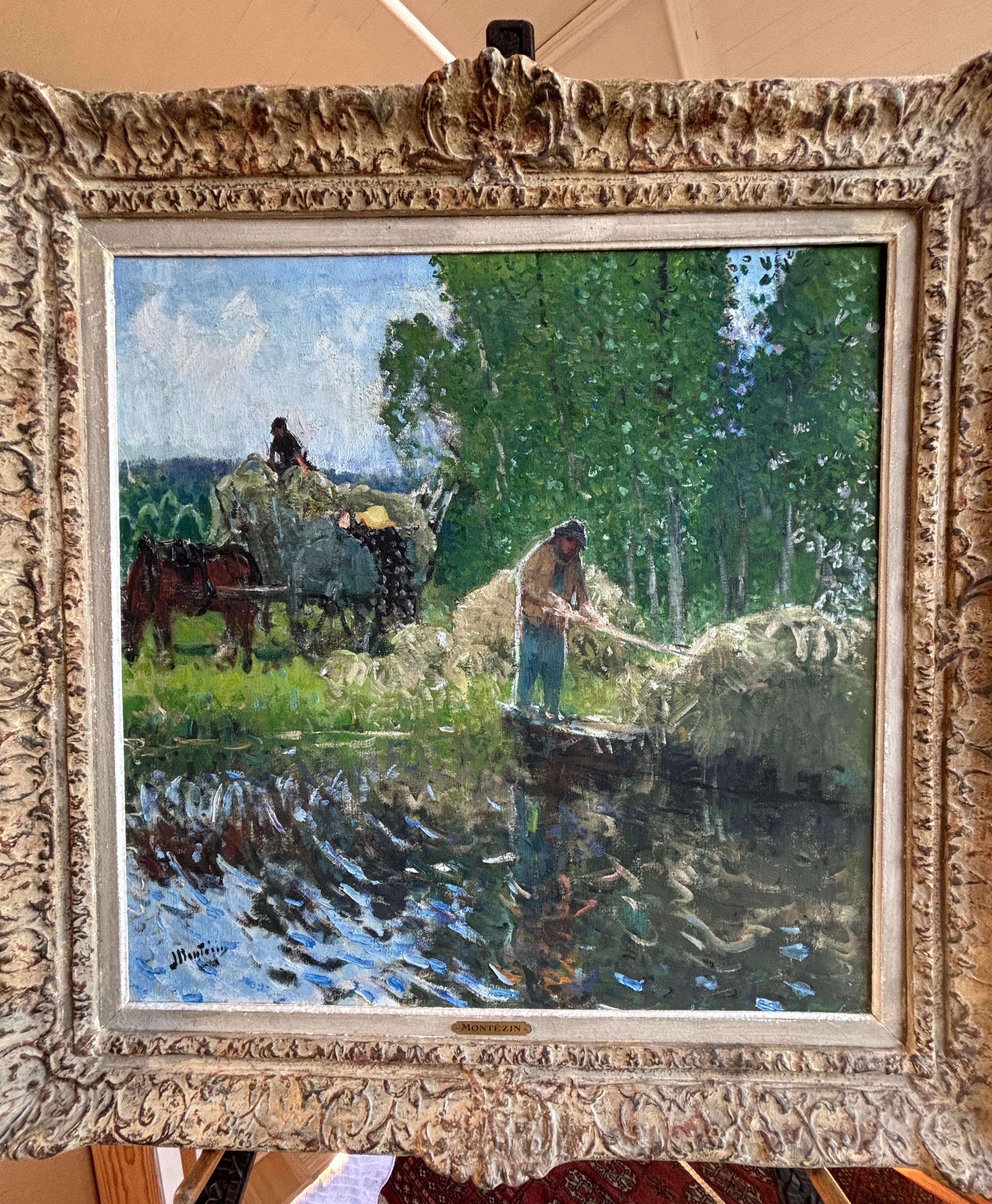 Pierre Montezin grand tableau impressionniste français scène de récolte et peupliers - Noir Landscape Painting par PIERRE EUGÈNE MONTEZIN