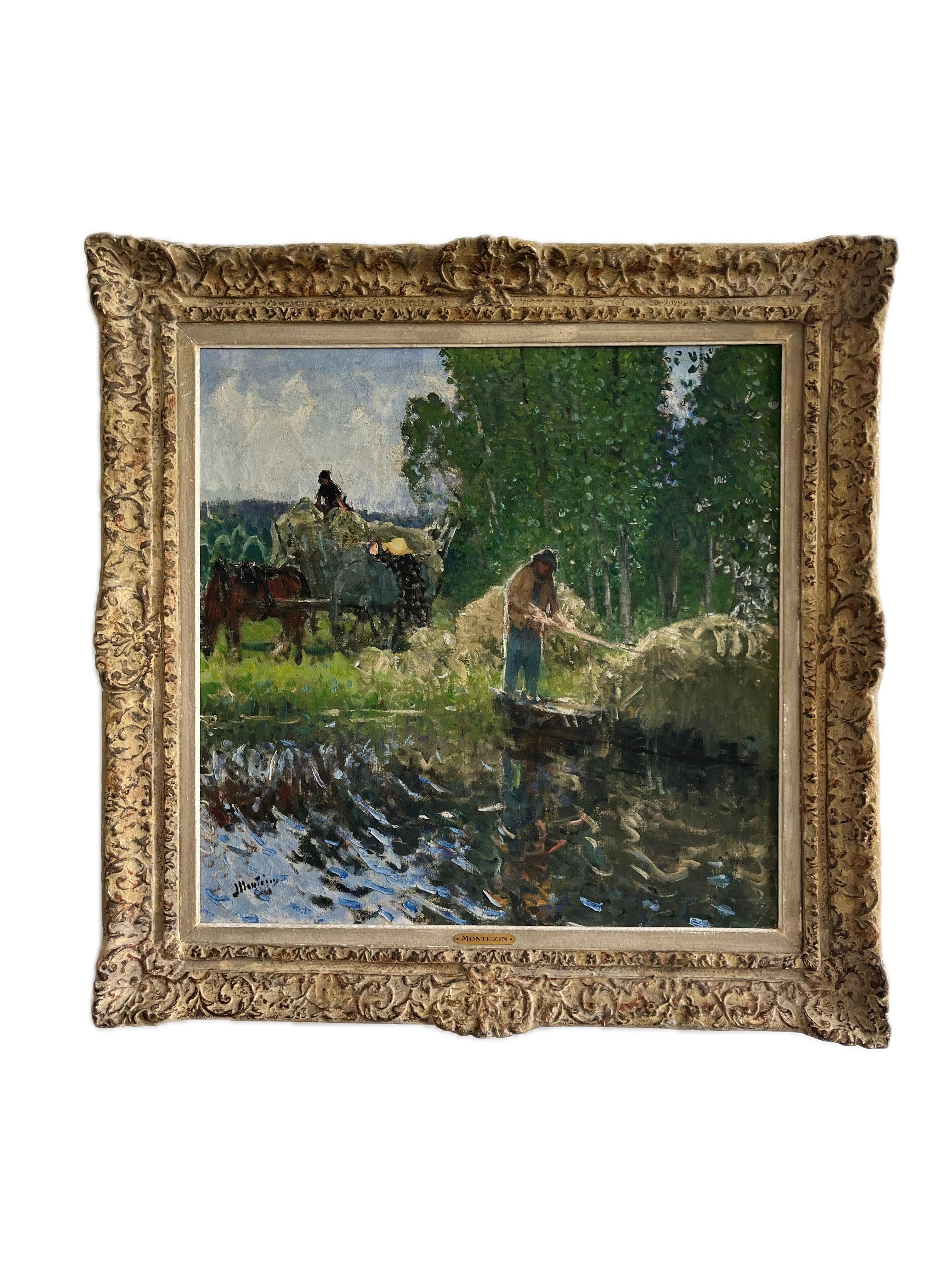PIERRE EUGÈNE MONTEZIN Landscape Painting - Pierre Montezin large French Impressionist painting harvesting scene and poplars