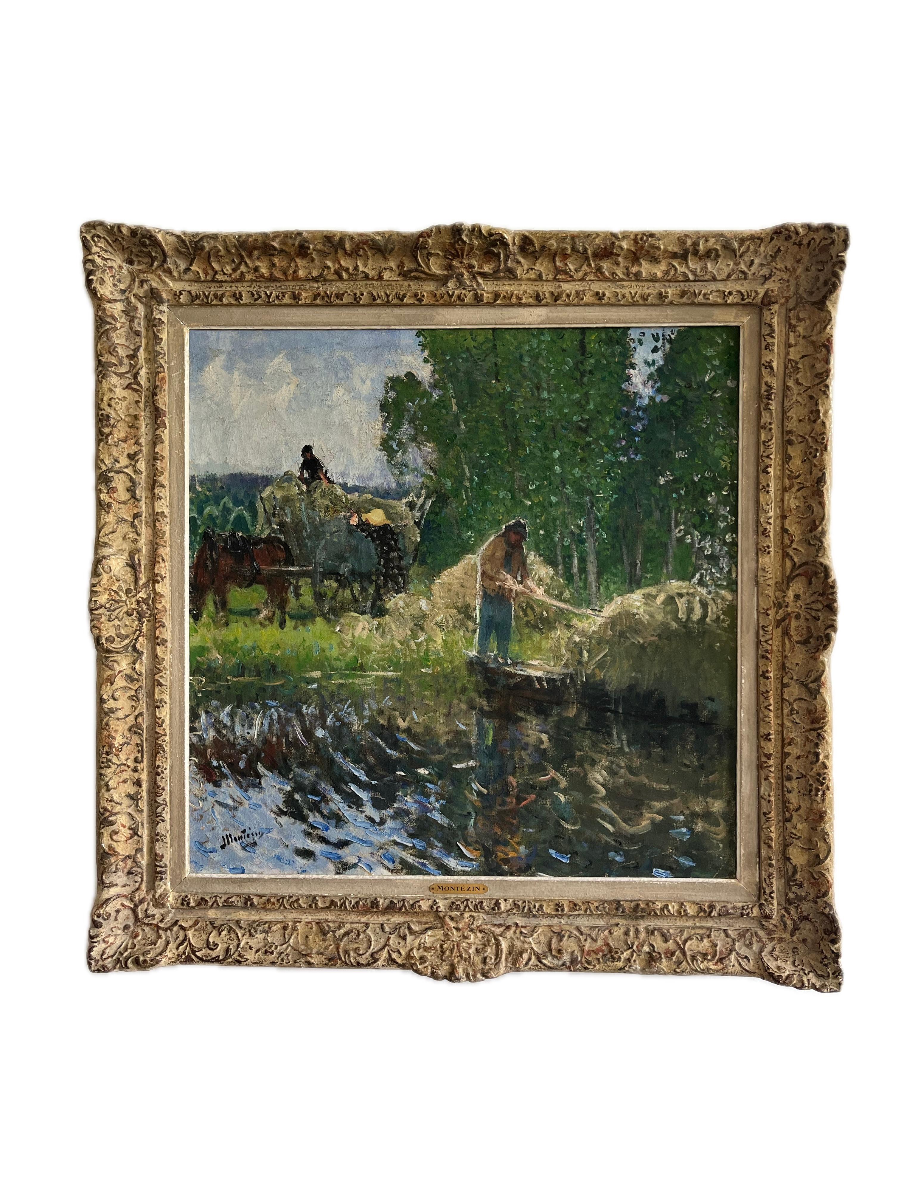 Pierre Montezin grand tableau impressionniste français scène de récolte et peupliers - Painting de PIERRE EUGÈNE MONTEZIN