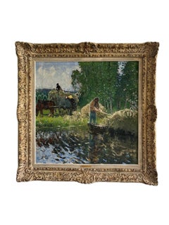 Antique Pierre Montezin large French Impressionist painting harvesting scene and poplars