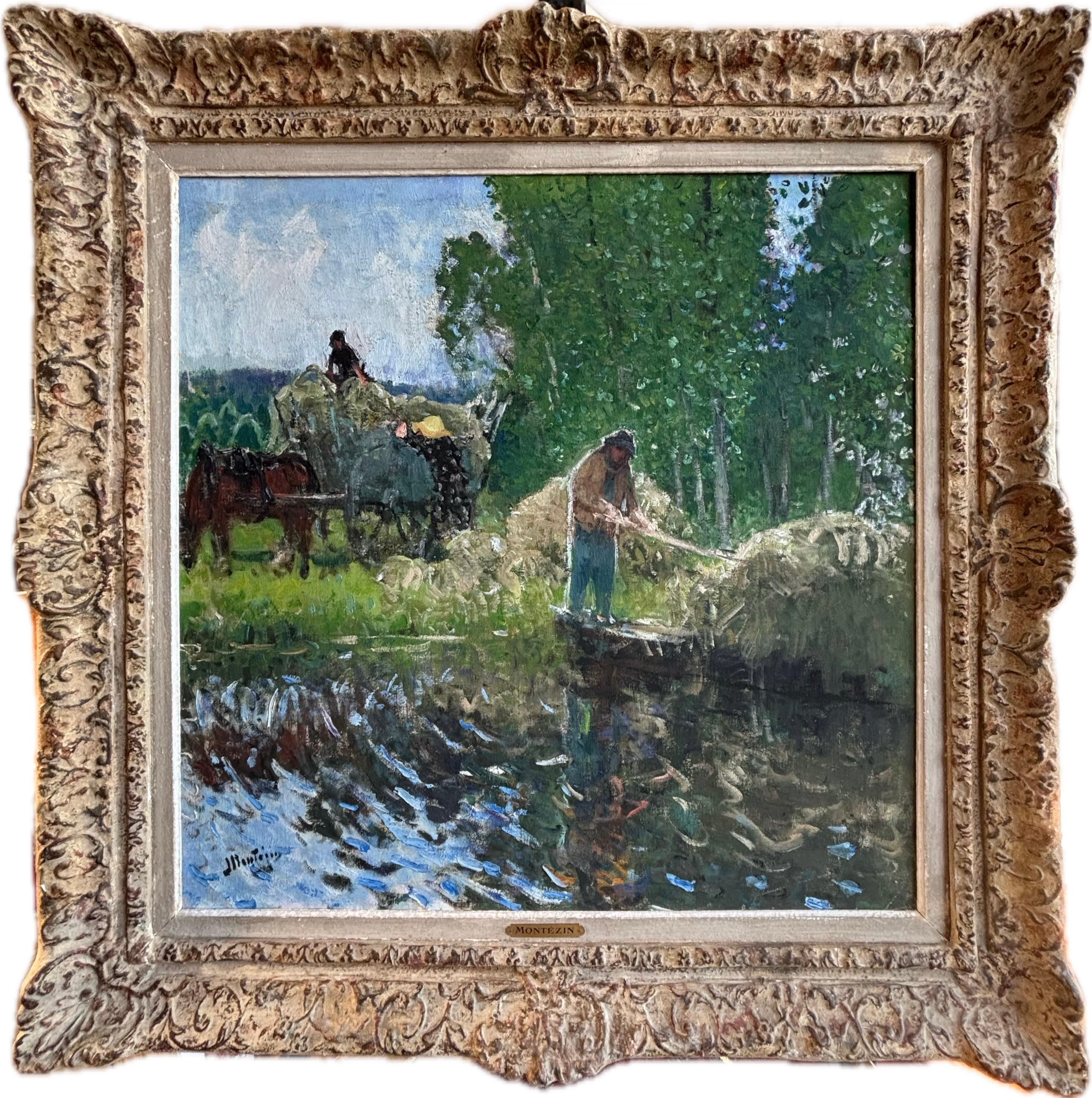 Landscape Painting PIERRE EUGÈNE MONTEZIN - Pierre Montezin grand tableau impressionniste français scène de récolte et peupliers