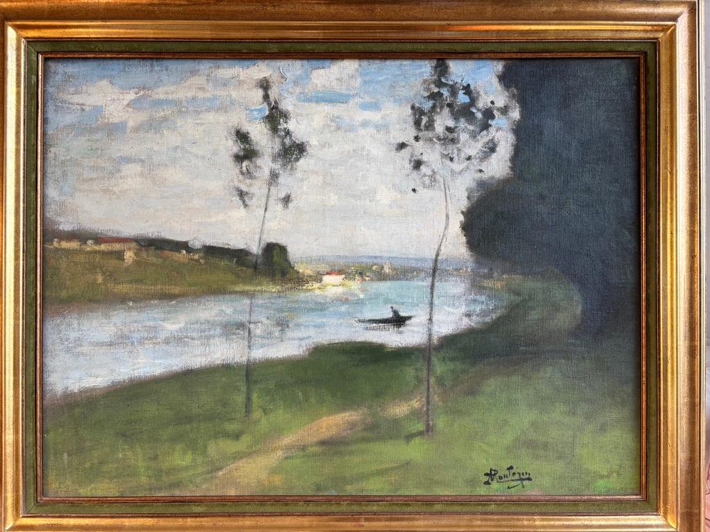 Pierre Montezin grande peinture impressionniste française, Scène près de Barbizon - Marron Landscape Painting par PIERRE EUGÈNE MONTEZIN