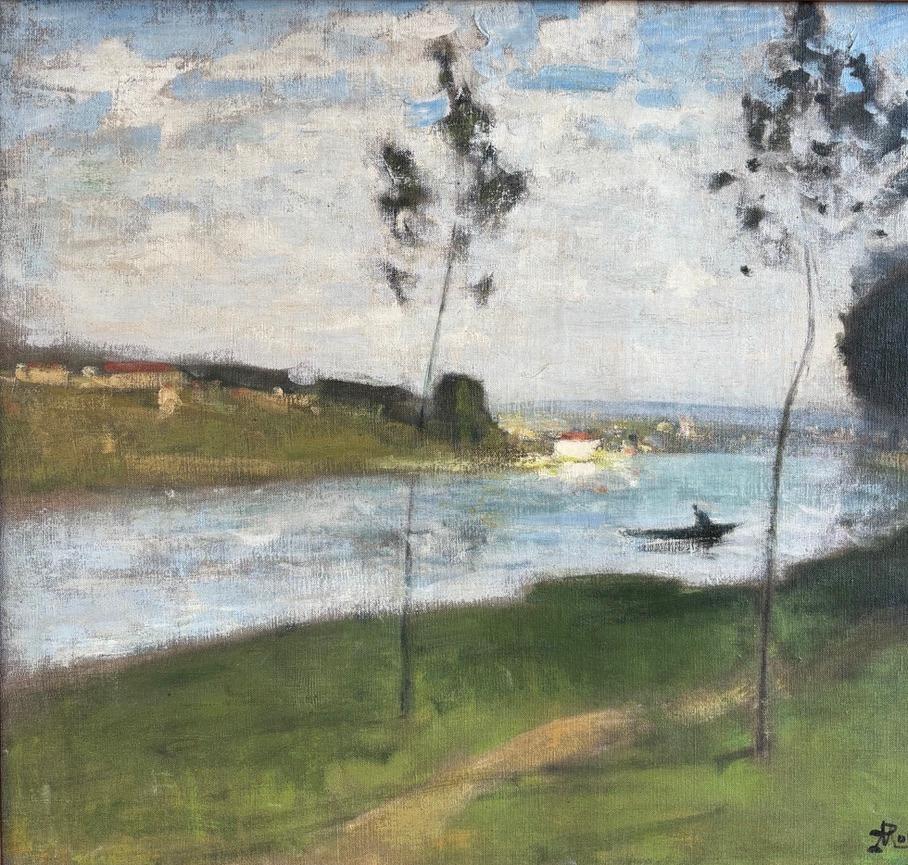 Cette image onirique d'un pêcheur glissant dans sa barque sur la Seine a été peinte à partir d'un point de vue auquel Montezin est revenu à maintes reprises. Le village de Veneux-les-Sablons se trouve dans la région de Seine-et-Marne, près de