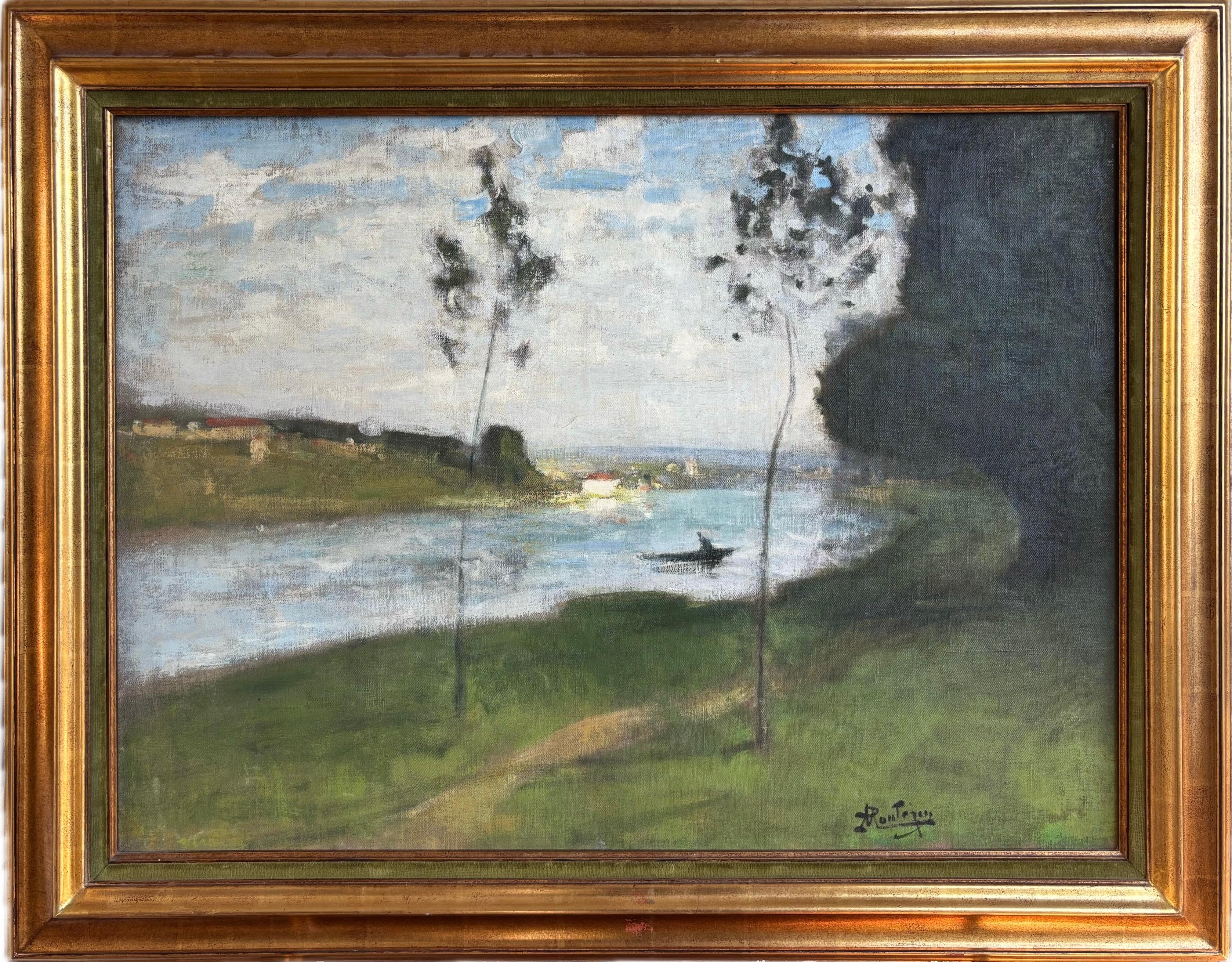 Pierre Montezin großes Gemälde des französischen Impressionismus, Szene bei Barbizon