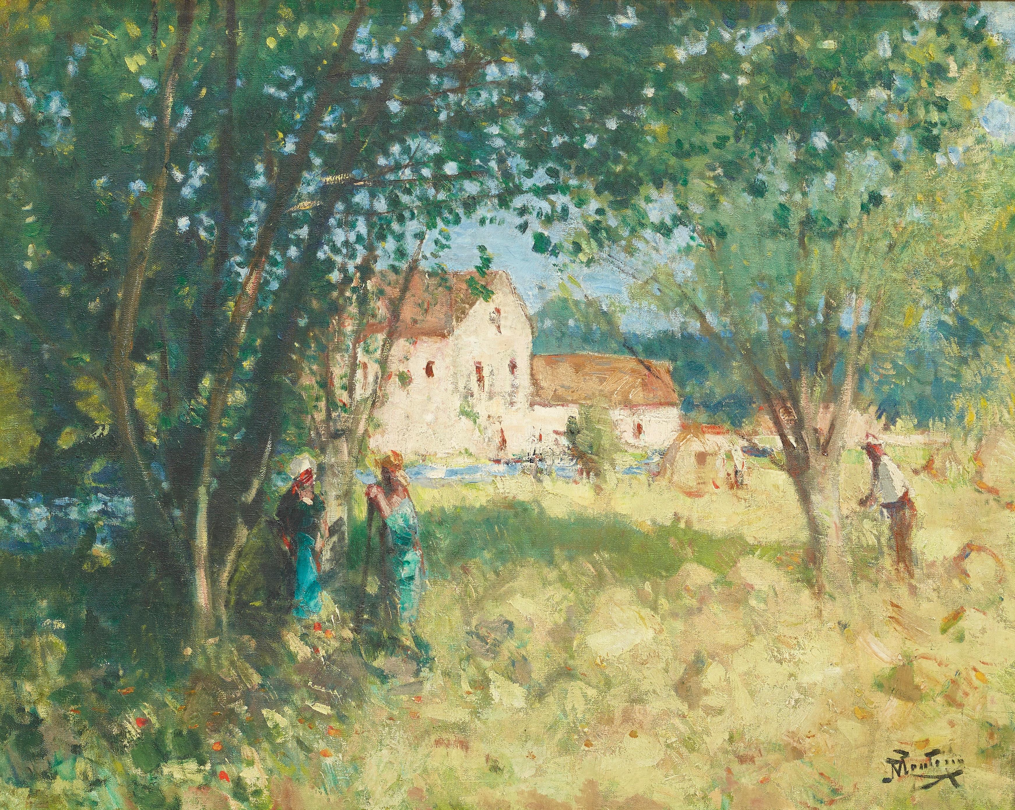Pierre Eugene Montezin Landscape Painting – Ein Sommernachmittag Impressionistische Provence-Landschaft Grün, Gelb, Figurativ