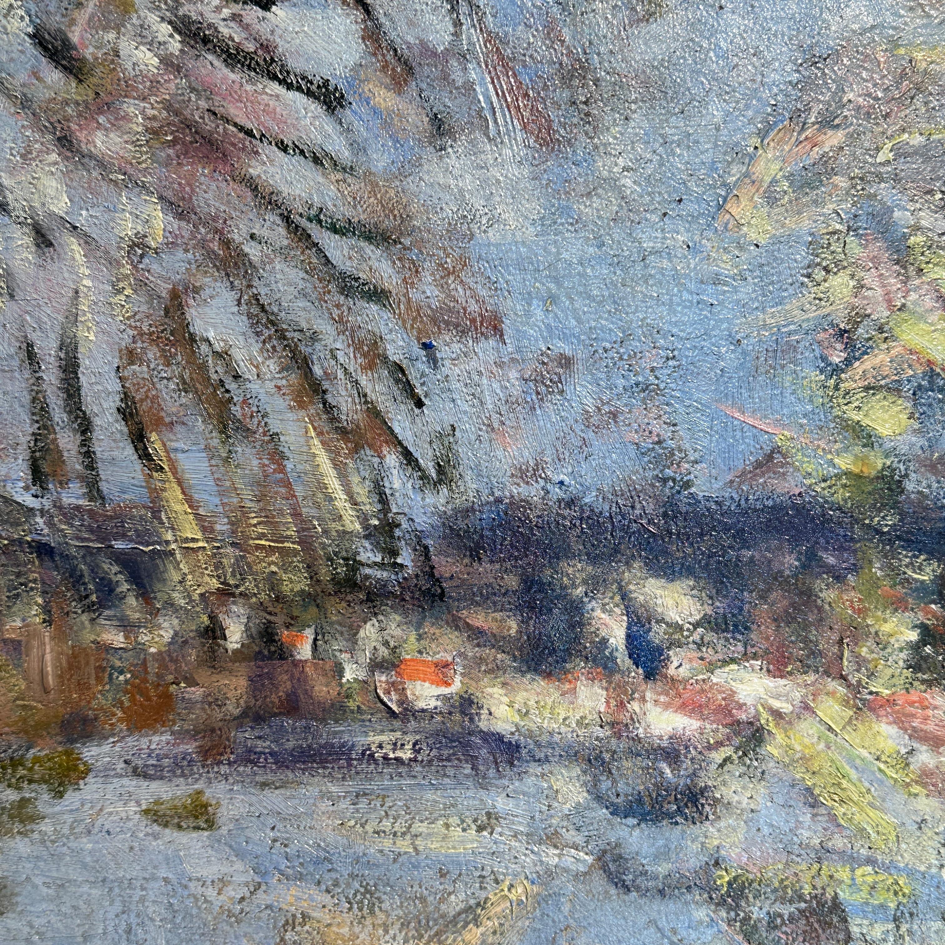 Promenade dans l'après-midi Paysage impressionniste Peinture de deux personnages, chien, bois en vente 4