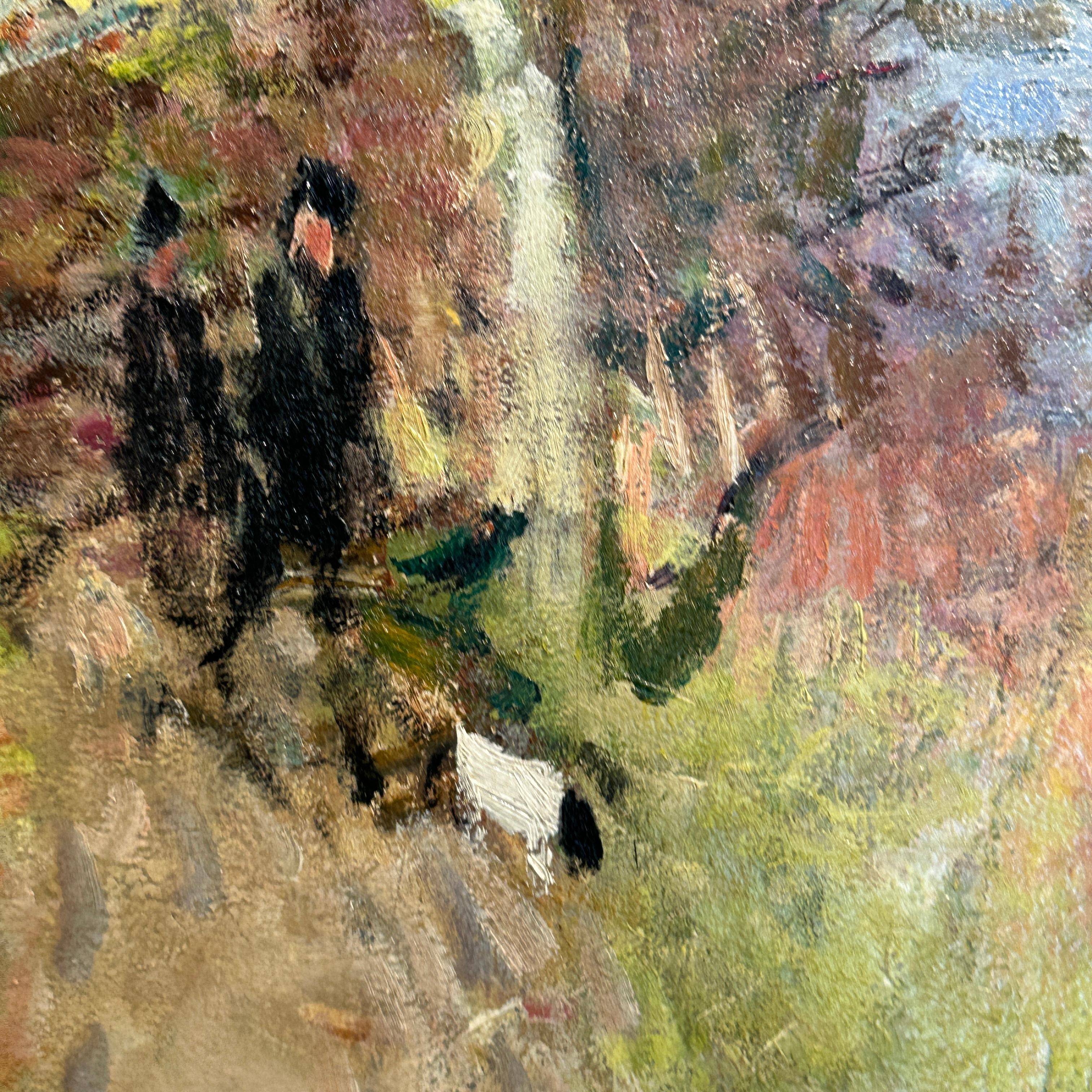 Promenade dans l'après-midi Paysage impressionniste Peinture de deux personnages, chien, bois en vente 5