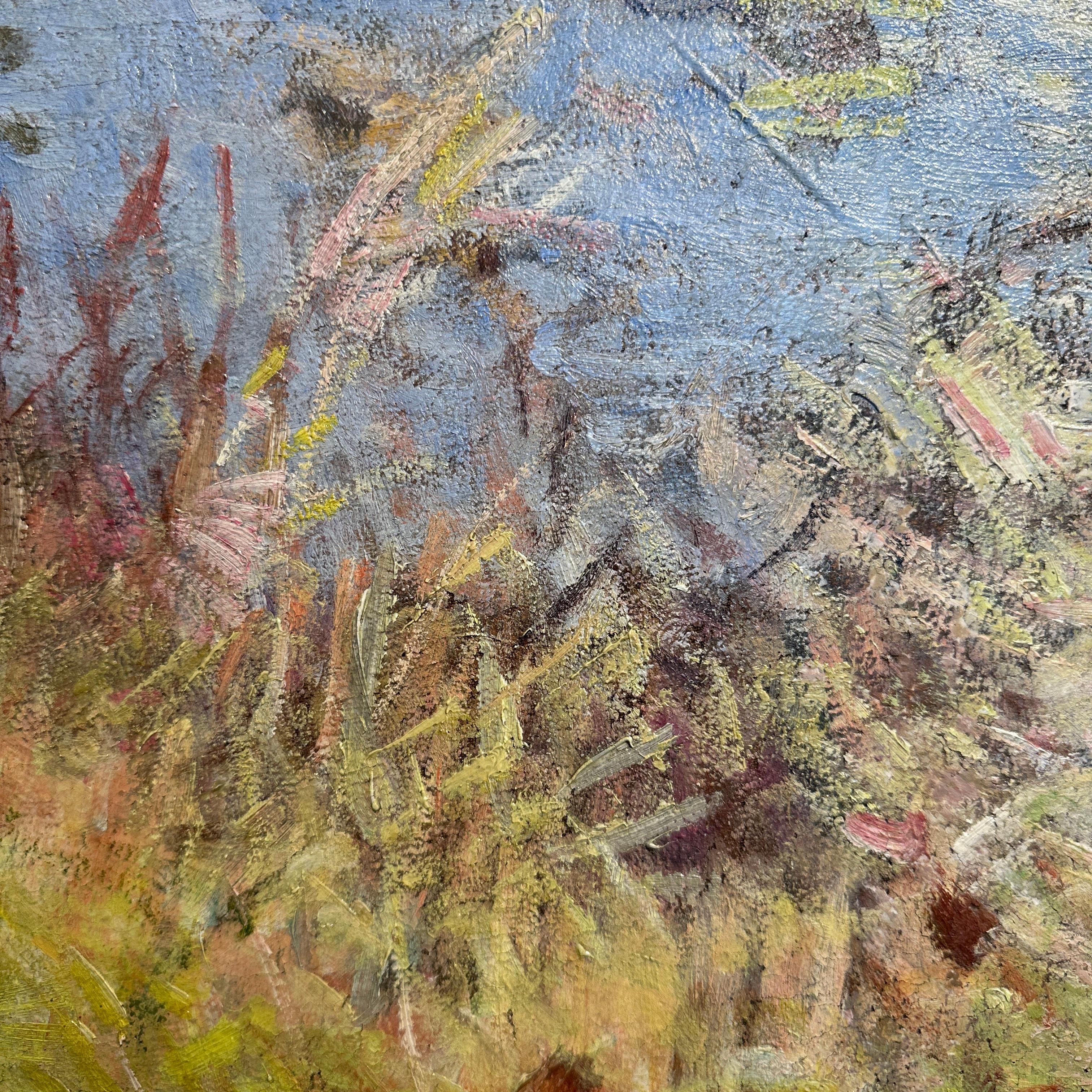 Promenade dans l'après-midi Paysage impressionniste Peinture de deux personnages, chien, bois en vente 7