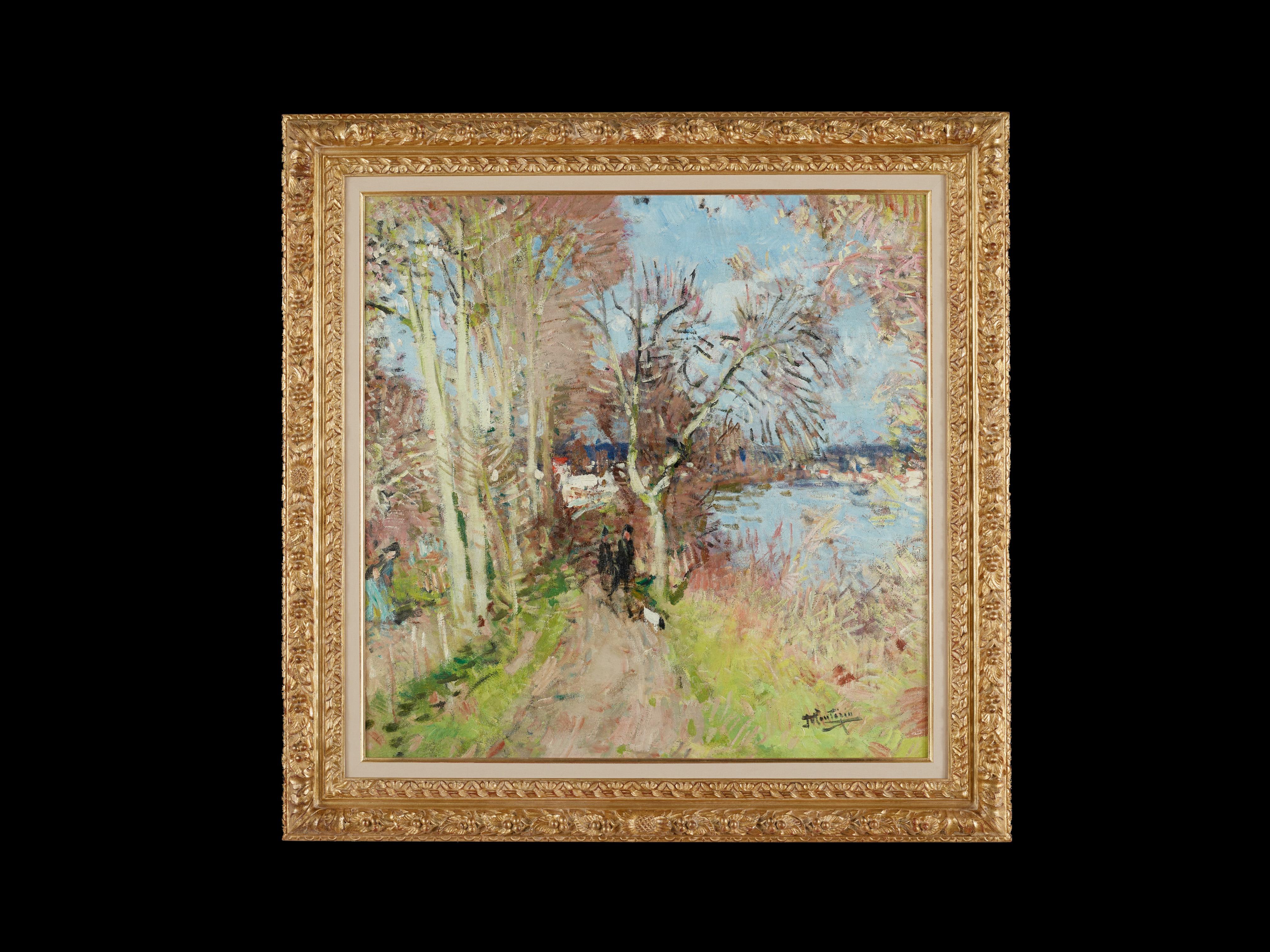 An Afternoon Stroll Impressionist Landscape Painting of two figures, dog, wood en venta 1