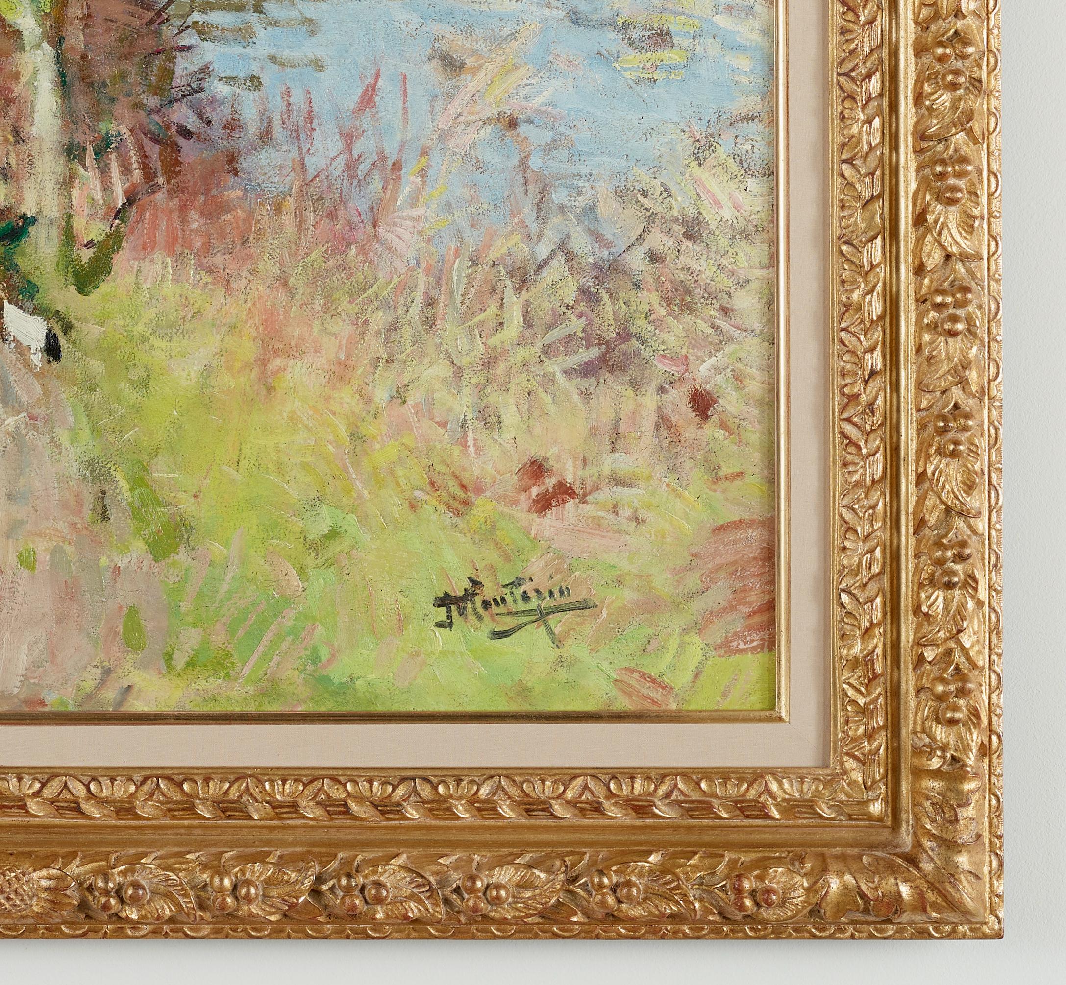 An Afternoon Stroll Impressionist Landscape Painting of two figures, dog, wood en venta 3