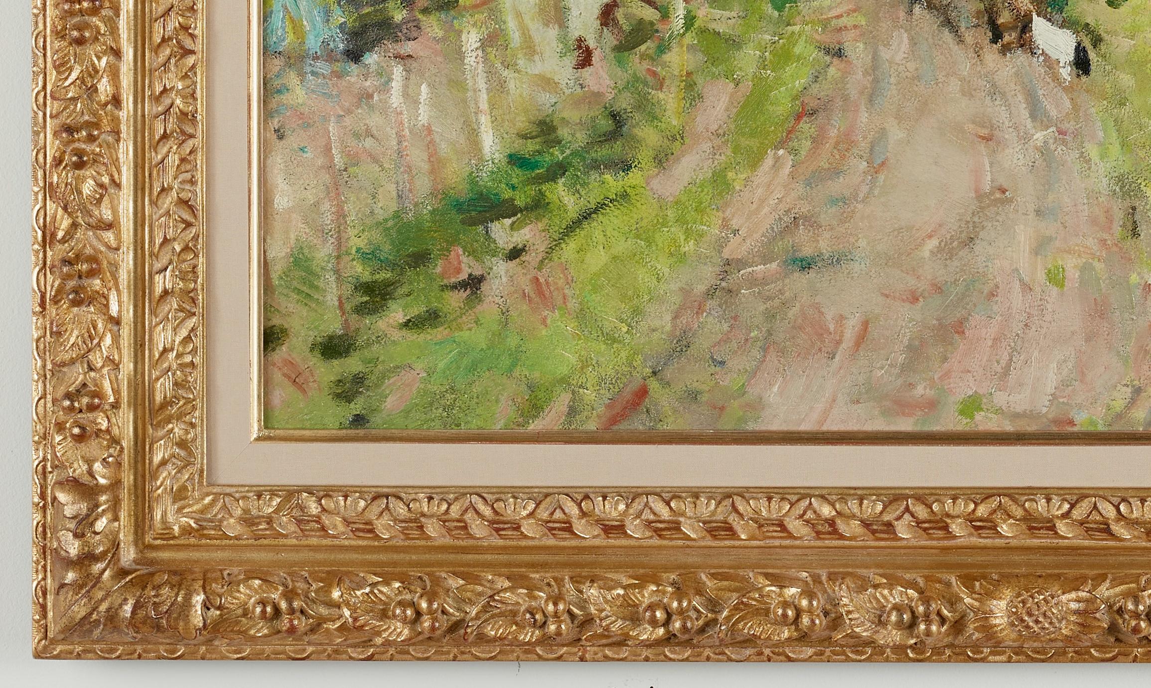 An Afternoon Stroll Impressionist Landscape Painting of two figures, dog, wood en venta 5
