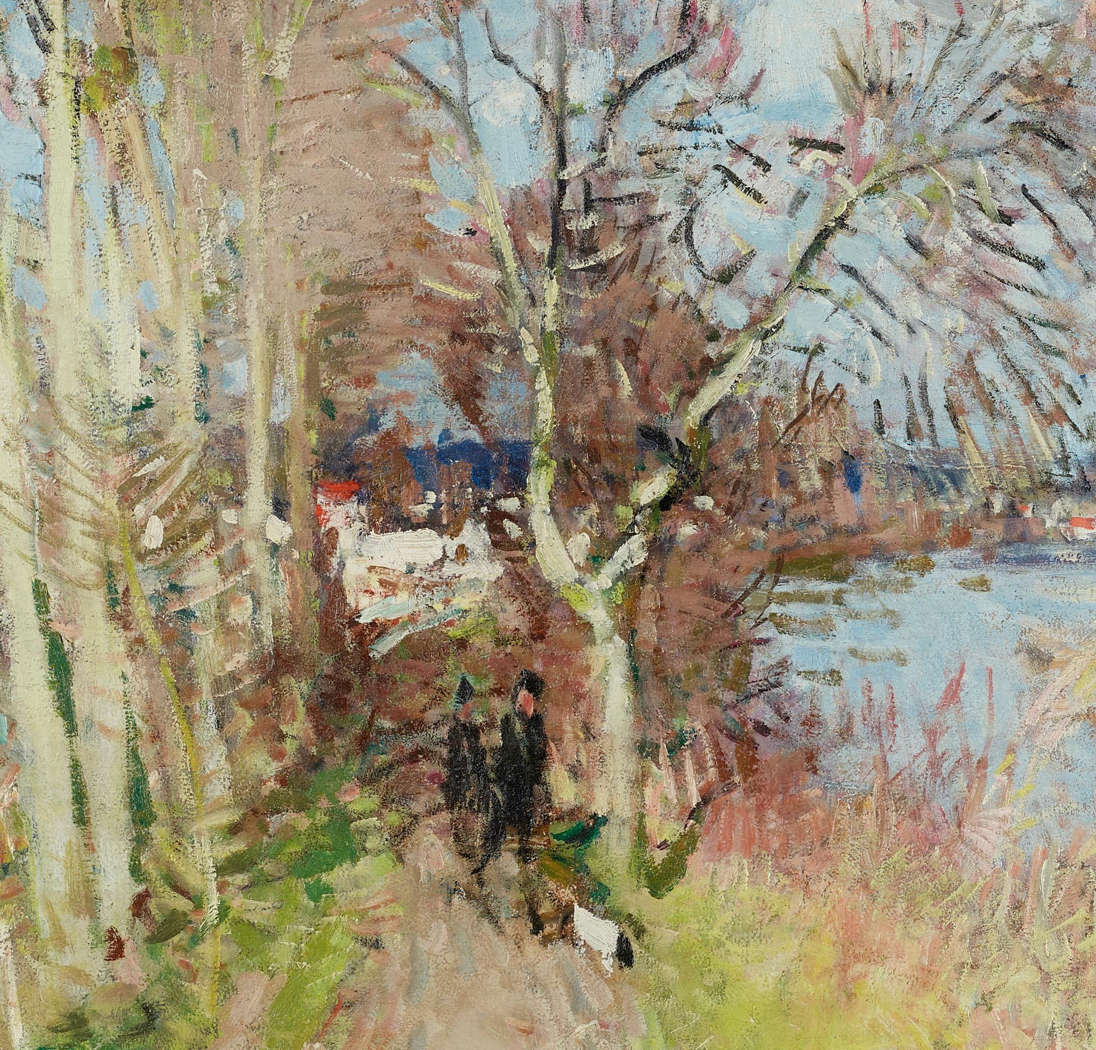 An Afternoon Stroll Impressionist Landscape Painting of two figures, dog, wood en venta 6