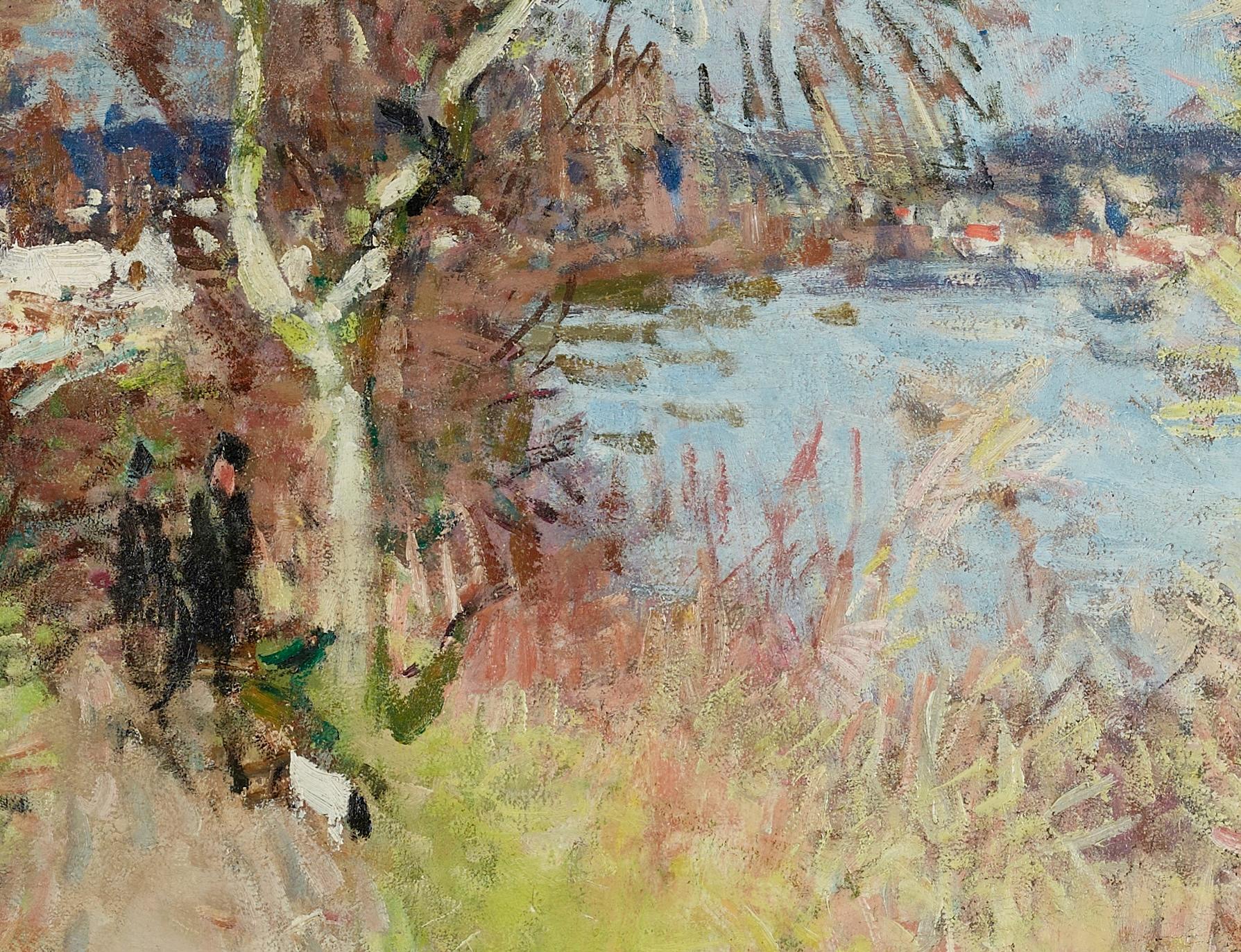An Afternoon Stroll Impressionist Landscape Painting of two figures, dog, wood en venta 7