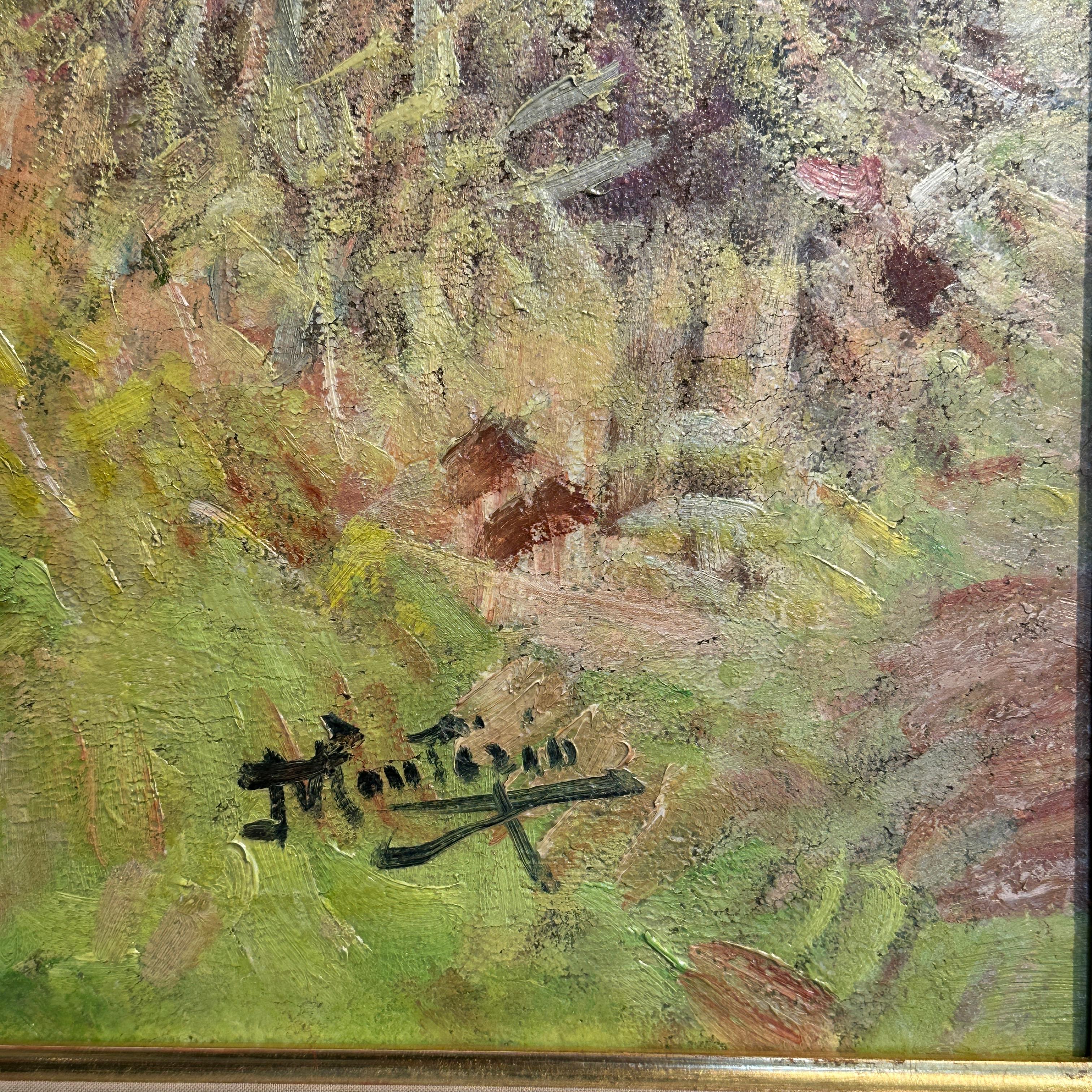 Promenade dans l'après-midi Paysage impressionniste Peinture de deux personnages, chien, bois en vente 2