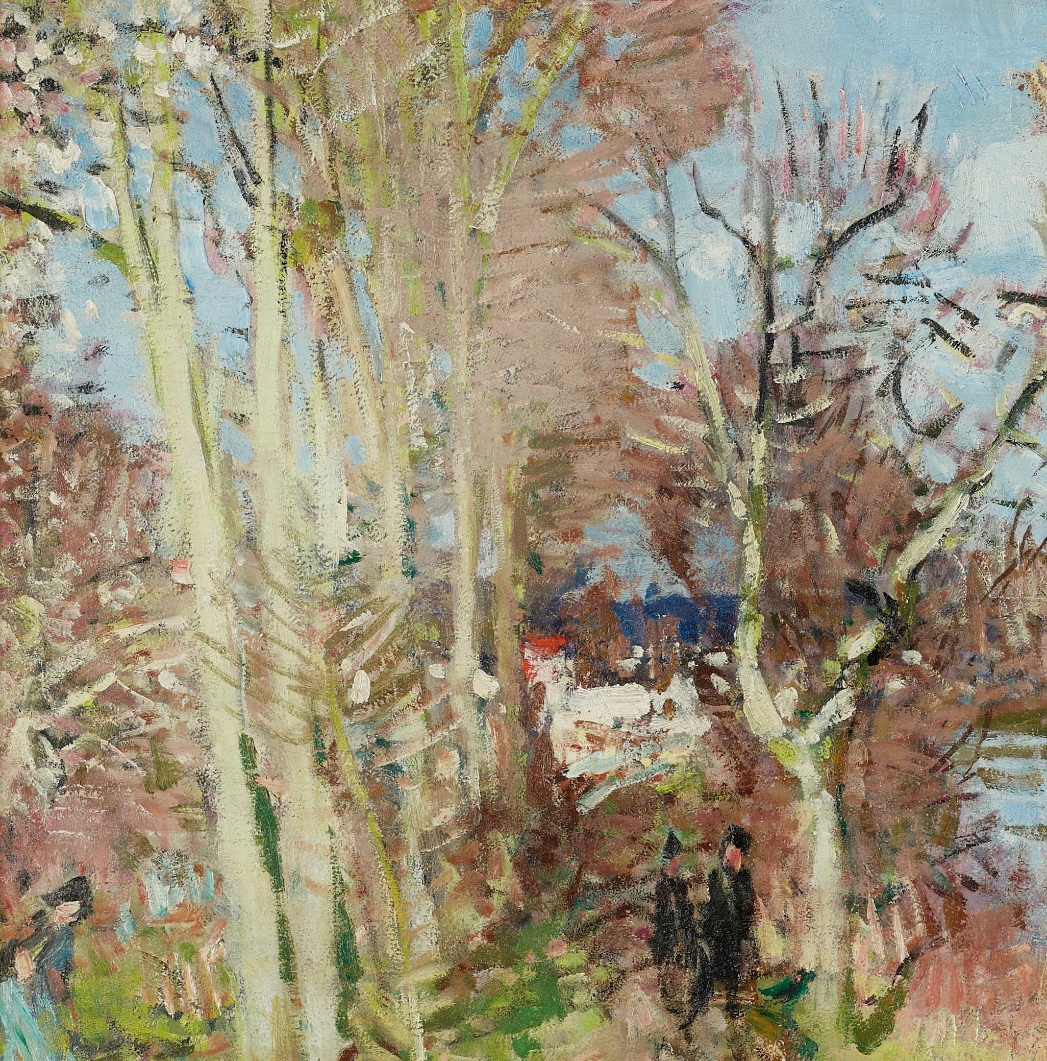 An Afternoon Stroll Impressionist Landscape Painting of two figures, dog, wood en venta 8