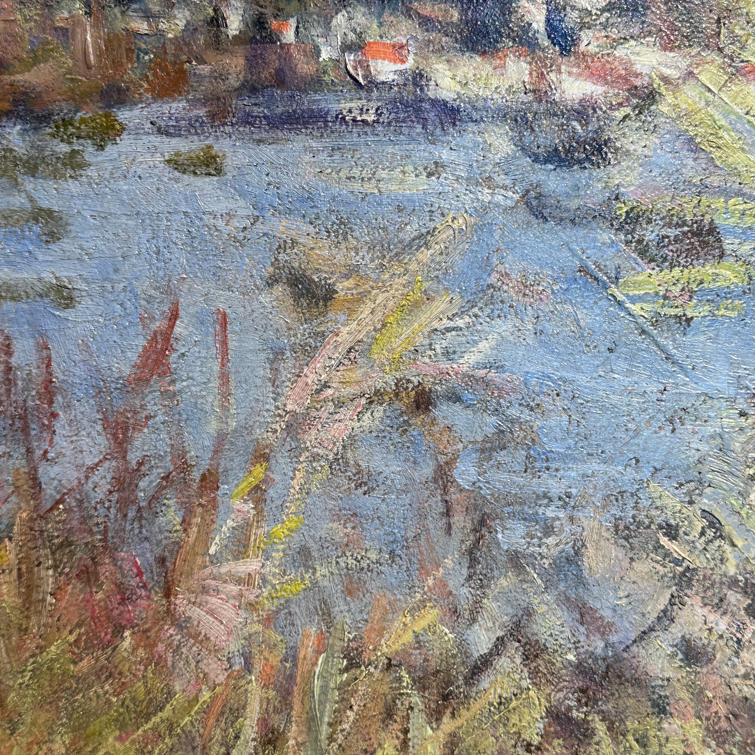 Promenade dans l'après-midi Paysage impressionniste Peinture de deux personnages, chien, bois en vente 3