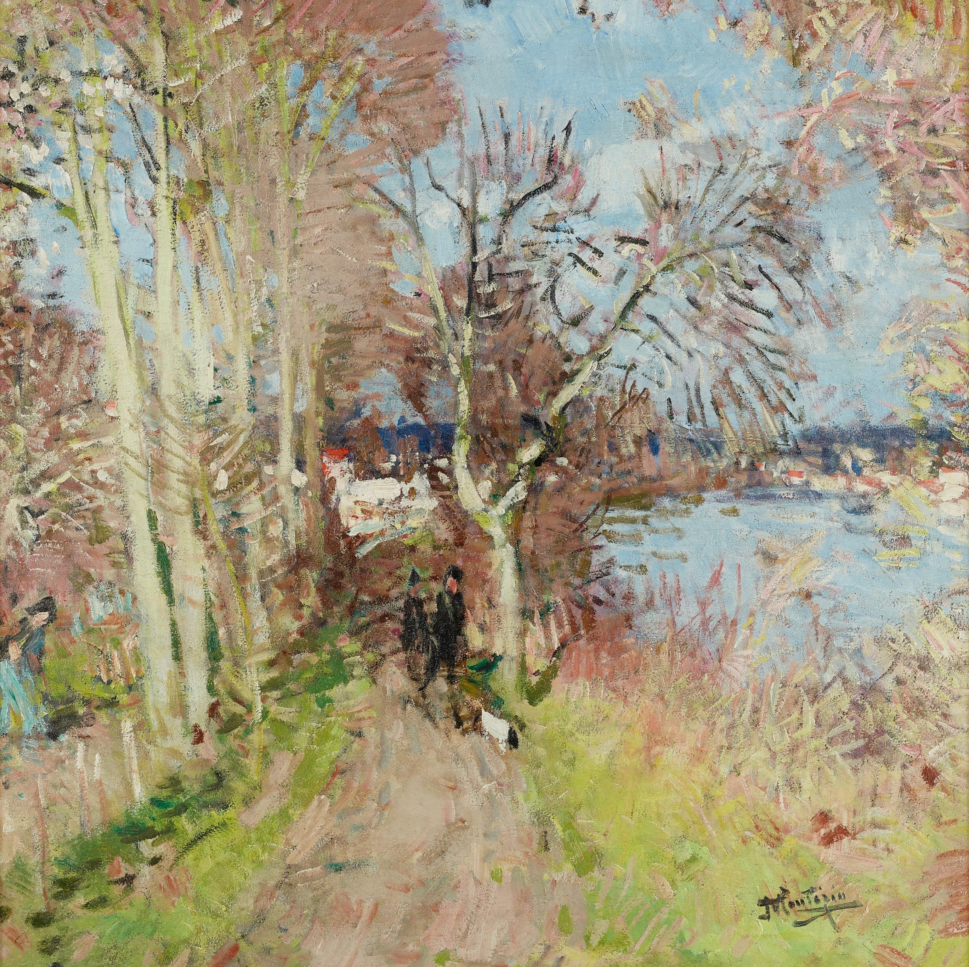Un paseo vespertino de Pierre Montezin. Este cuadro despliega un momento de paz, bañado por el sol, a lo largo de un sendero sombreado, en el que unas figuras caminan tranquilamente bajo un dosel de árboles frondosos. El juego de luces y sombras