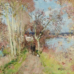 Ein Nachmittagsspaziergang Impressionistische Landschaftsmalerei mit zwei Figuren, Hund, Holz