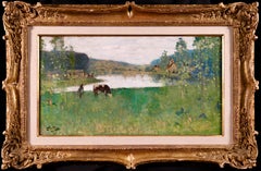 Au bord du lac - Huile du 19e siècle, figure et vache dans un paysage par Pierre Montezin