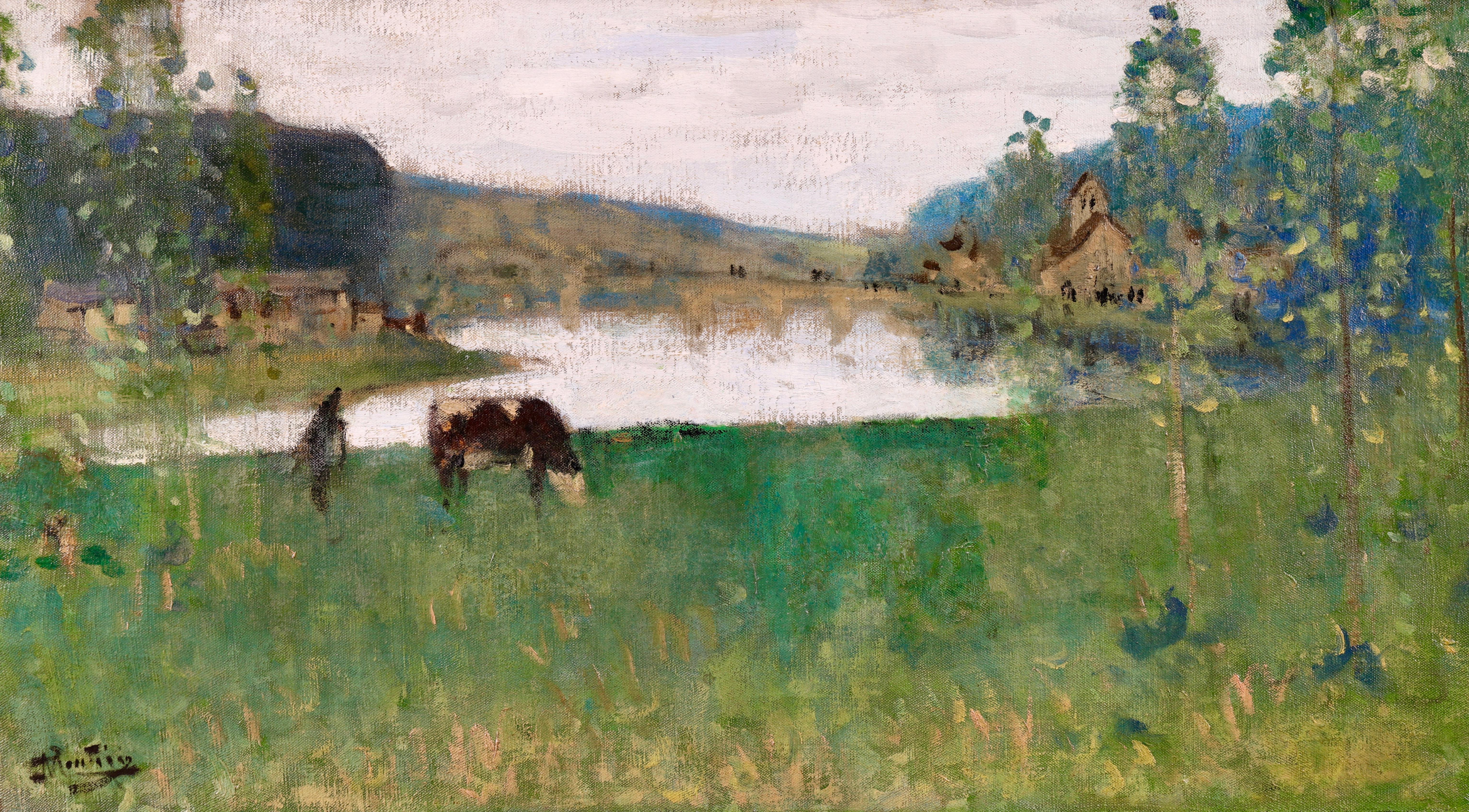 By the Lake - Öl, Figur und Kuh in Landschaft von Pierre Montezin, 19. Jahrhundert (Impressionismus), Painting, von Pierre Eugene Montezin