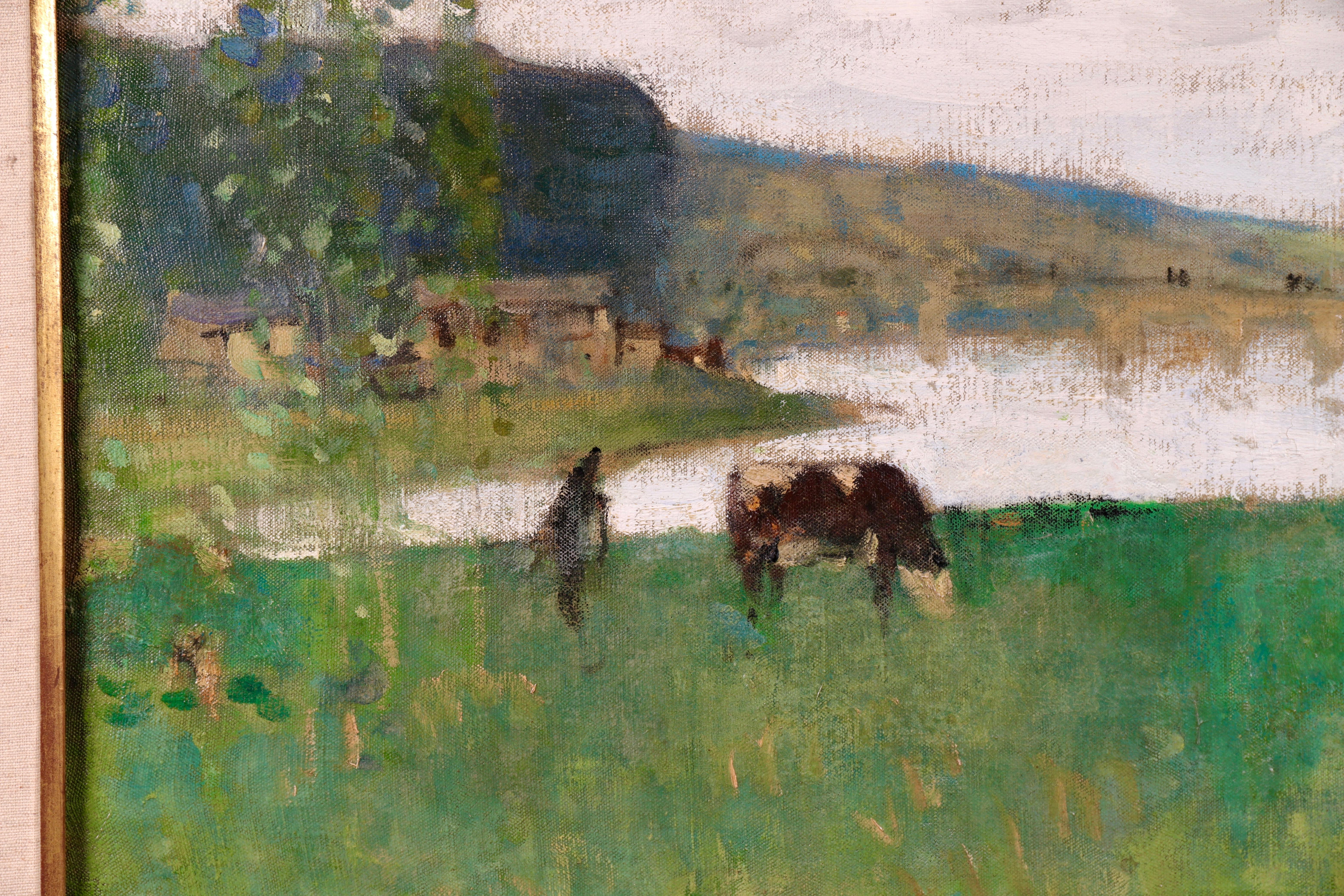 By the Lake - 19th Century Oil, Figure & Cow in Landscape by Pierre Montezin - Impressionist Painting by Pierre Eugene Montezin