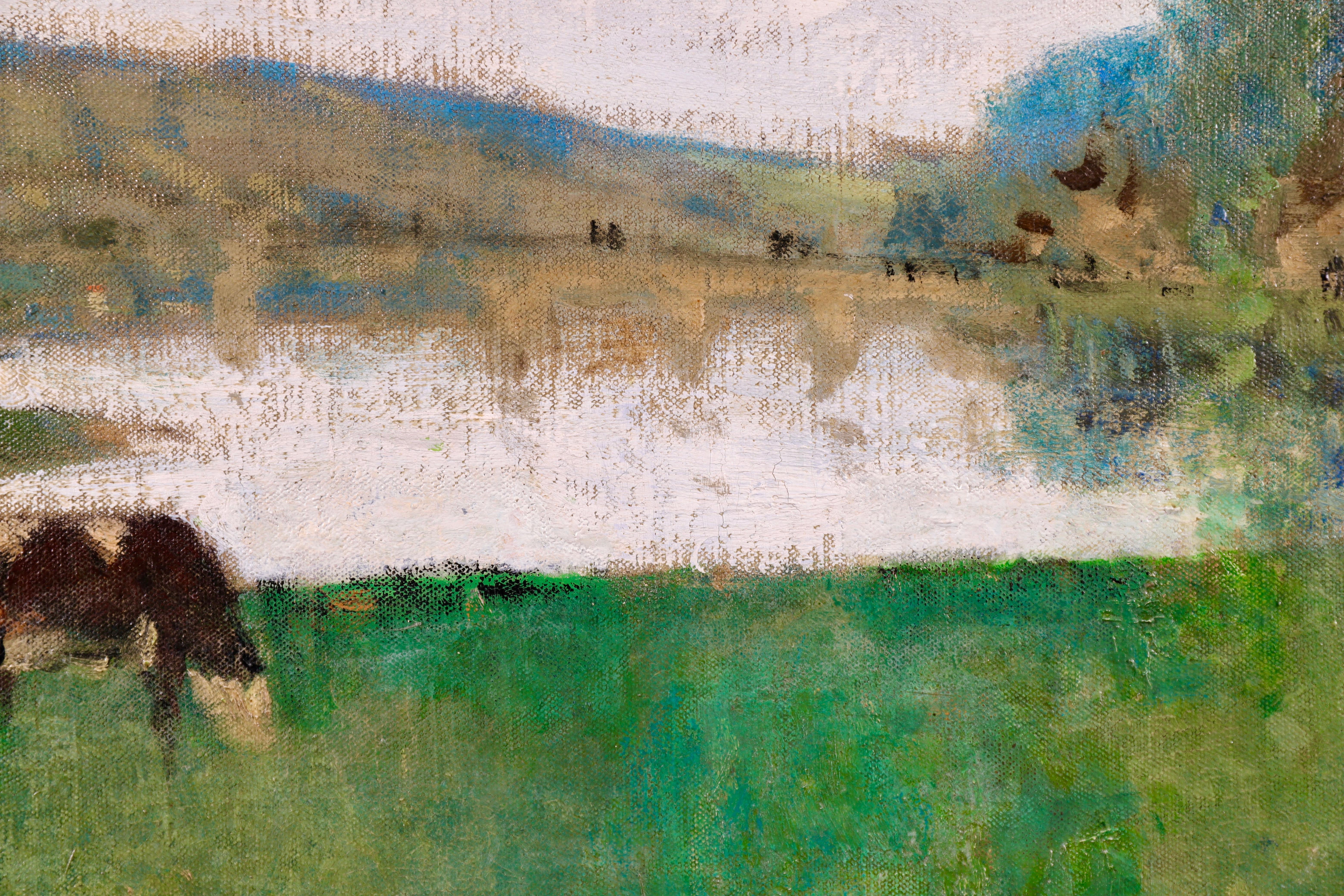 By the Lake - Öl, Figur und Kuh in Landschaft von Pierre Montezin, 19. Jahrhundert 3