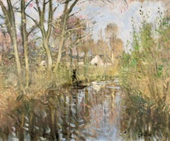 La Chalandiere a Briere - Paysage impressionniste de rivière Huile de Pierre Montezin