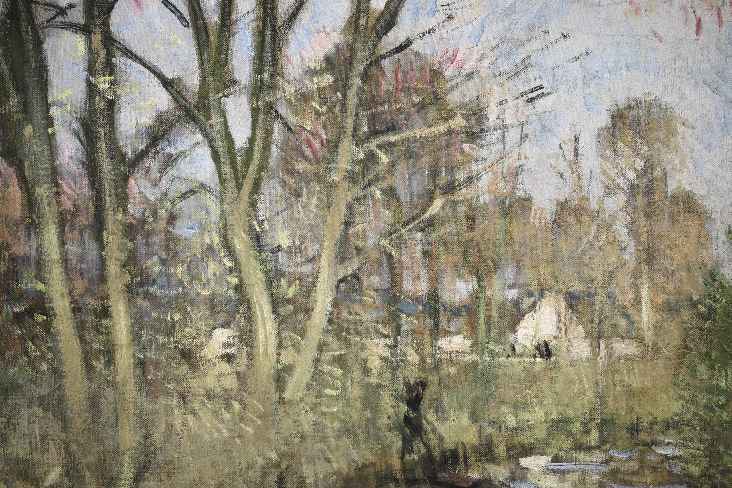 La Chalandiere a Briere - Paesaggio fluviale impressionista olio di Pierre Montezin - Figurative Painting Marrone di Pierre Eugene Montezin