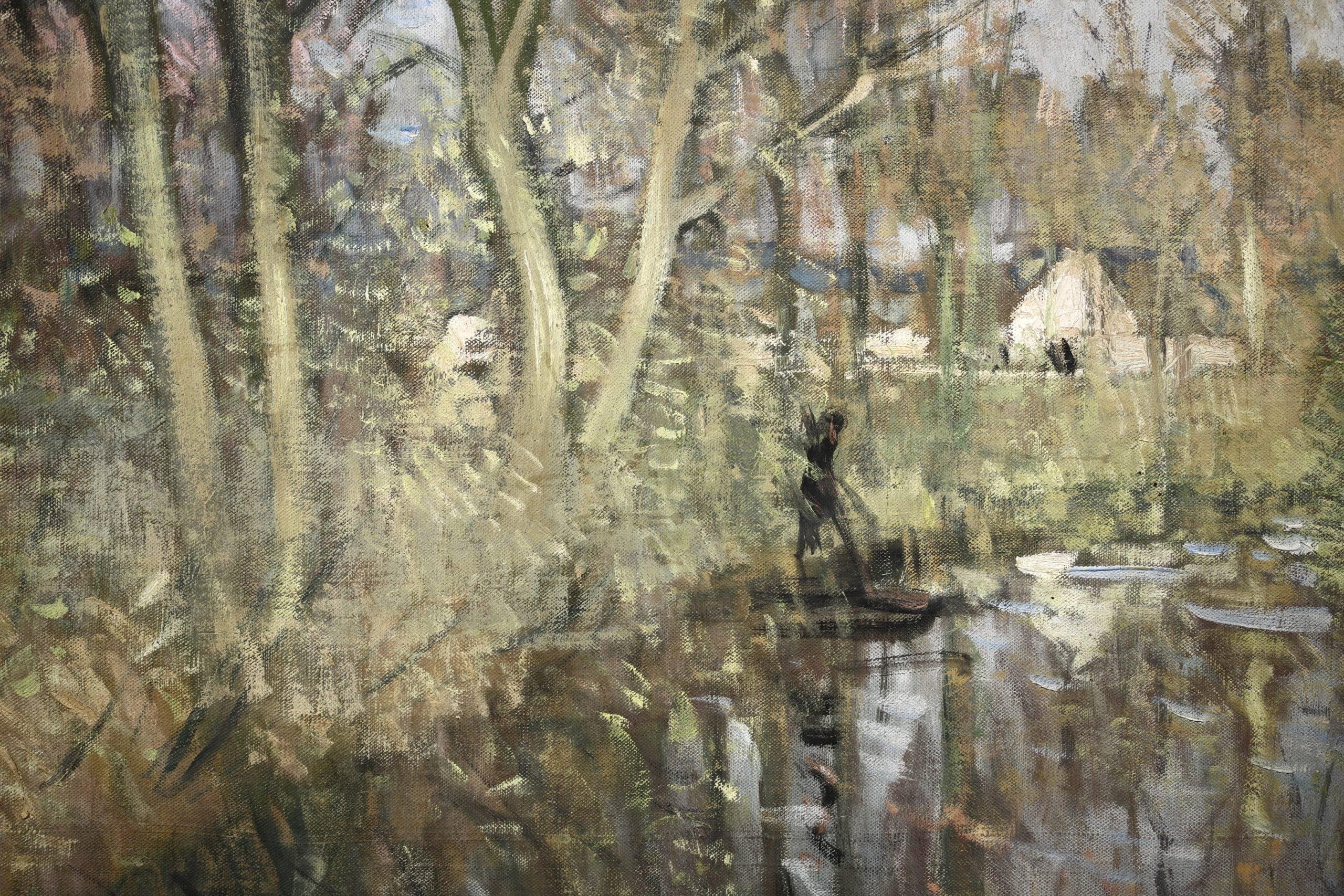Paesaggio fluviale su tela firmato e intitolato dal ricercato pittore impressionista francese Pierre Eugene Montezin. L'opera raffigura una veduta di un fiume in autunno. Gli alberi che costeggiano le rive si riflettono nell'acqua sottostante e la