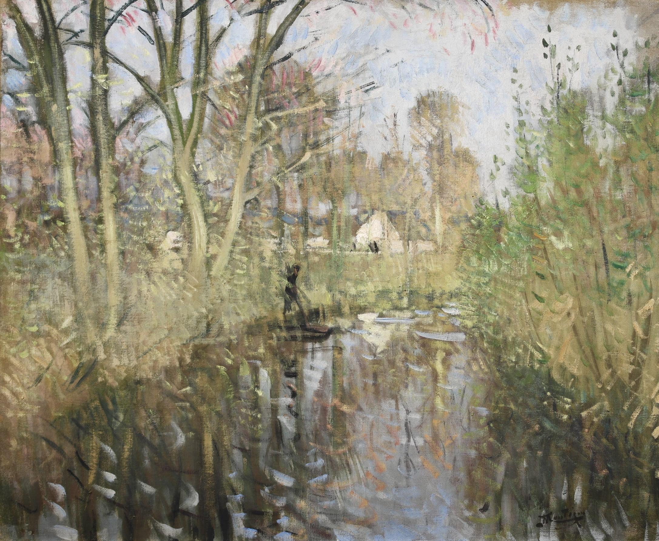 Figurative Painting di Pierre Eugene Montezin - La Chalandiere a Briere - Paesaggio fluviale impressionista olio di Pierre Montezin