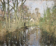 Antique La Chalandiere a Briere - Impressionist River Landscape Oil by Pierre Montezin