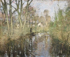 La Chalandiere a Briere - Paesaggio fluviale impressionista olio di Pierre Montezin